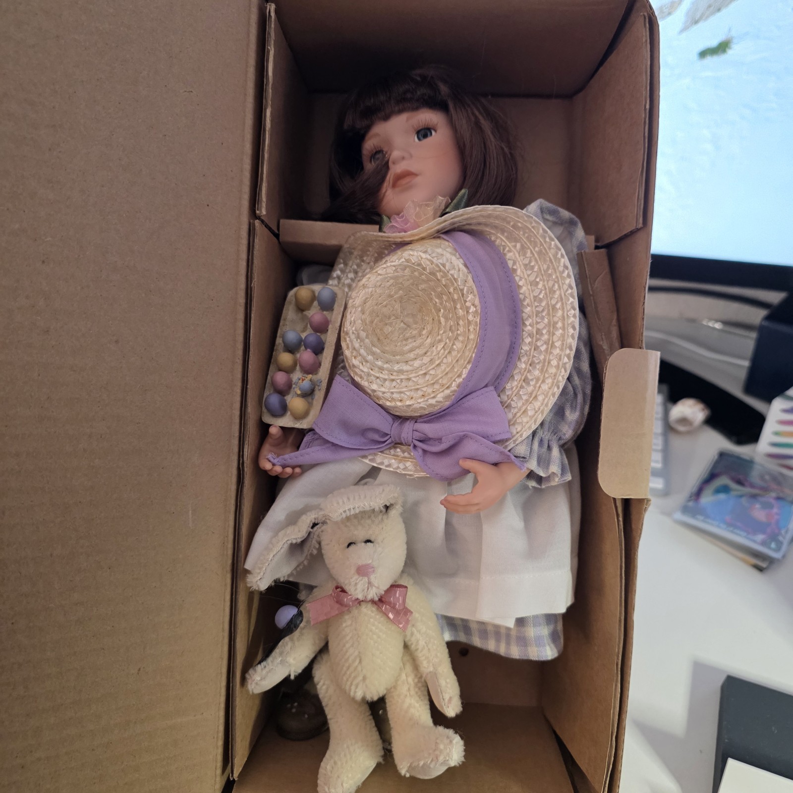 Vintage Easter Porcelain Doll Bunny Straw Hat Lavender Dress Egg Carton