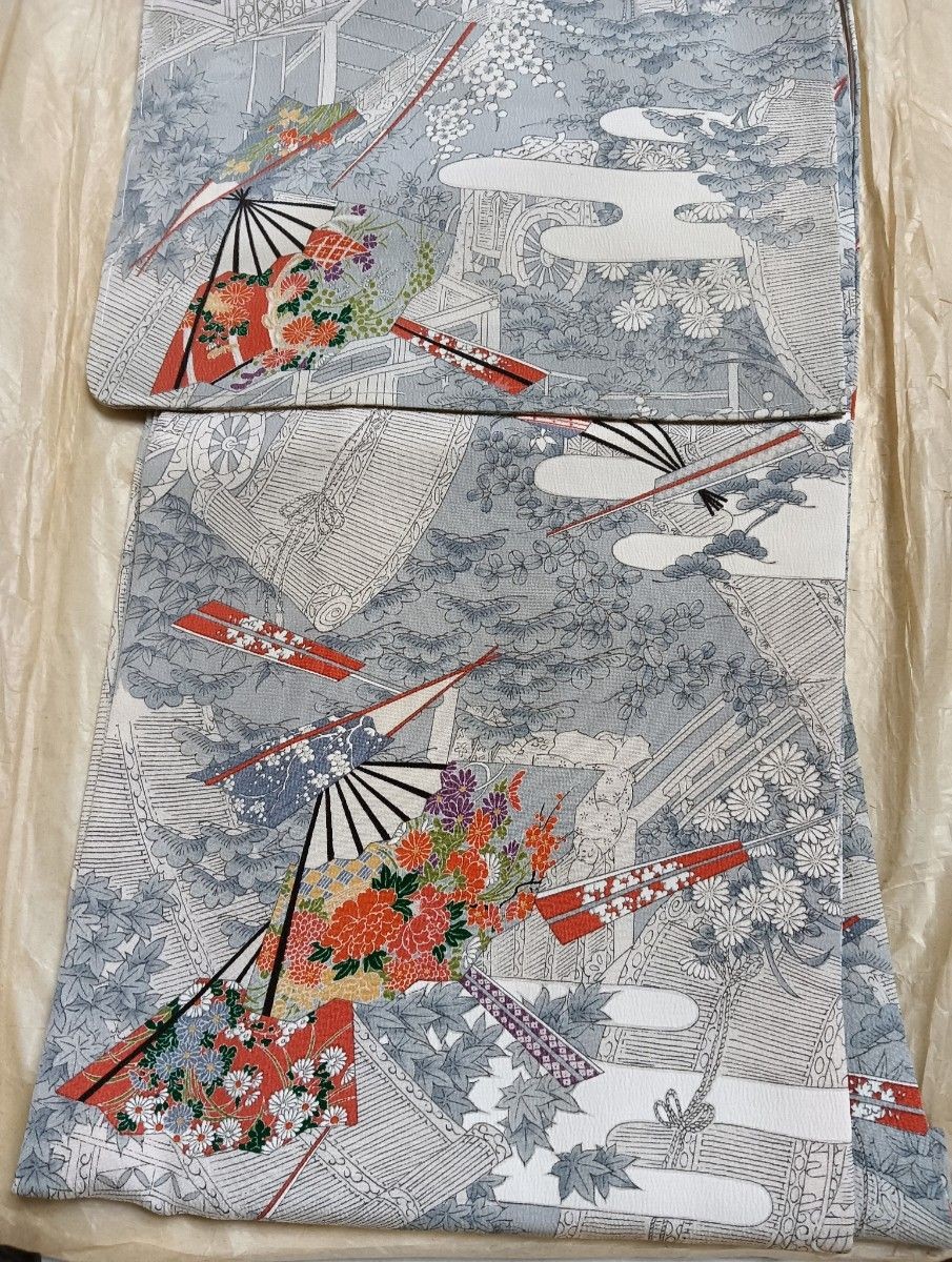 Kyo Yuzen Kimono Pure Silk Fan & Flower Pattern Gray Unused 160cm