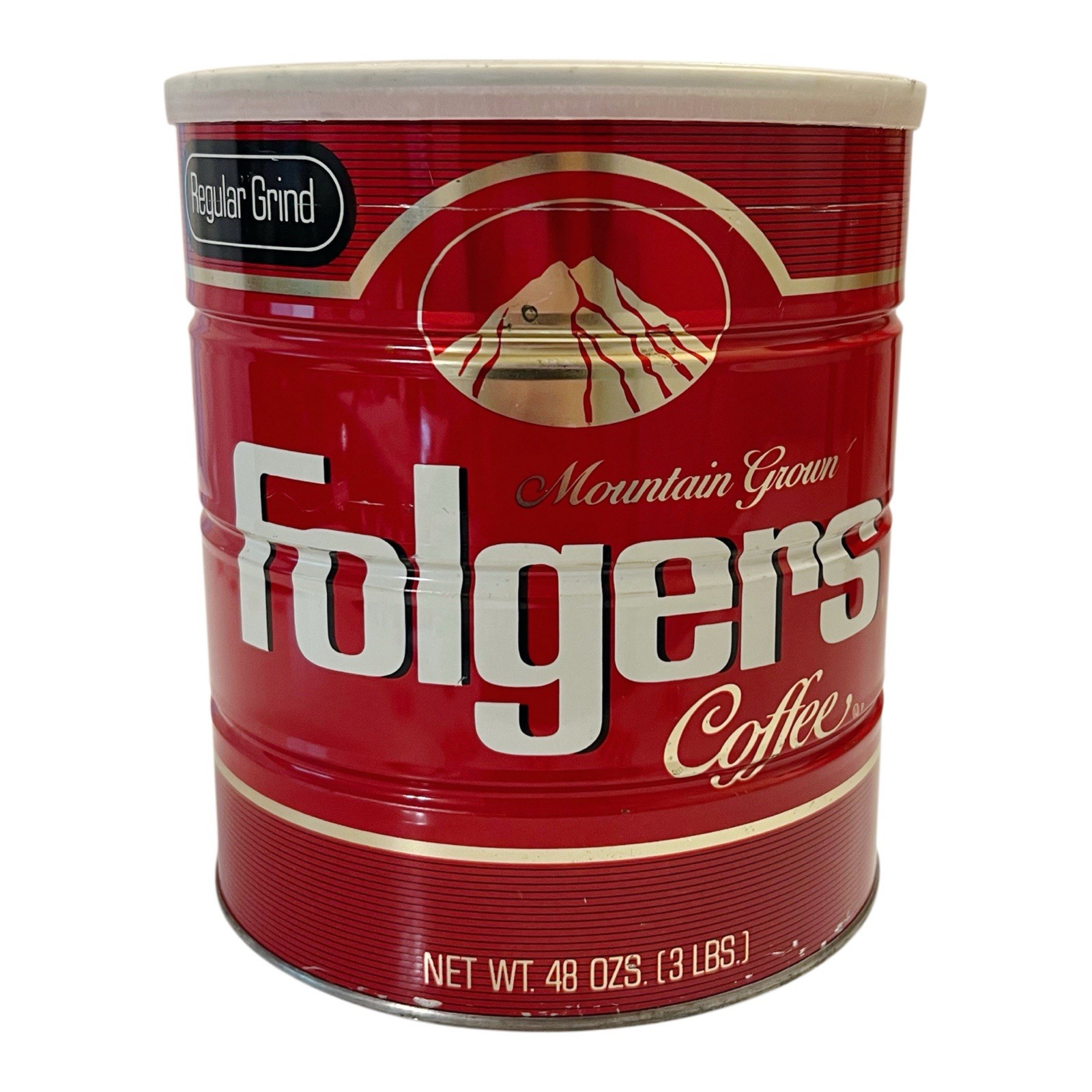 Vintage 1980s FOLGERS Metal Coffee Can 48 Ozs 3 lbs Regular Grind with lid