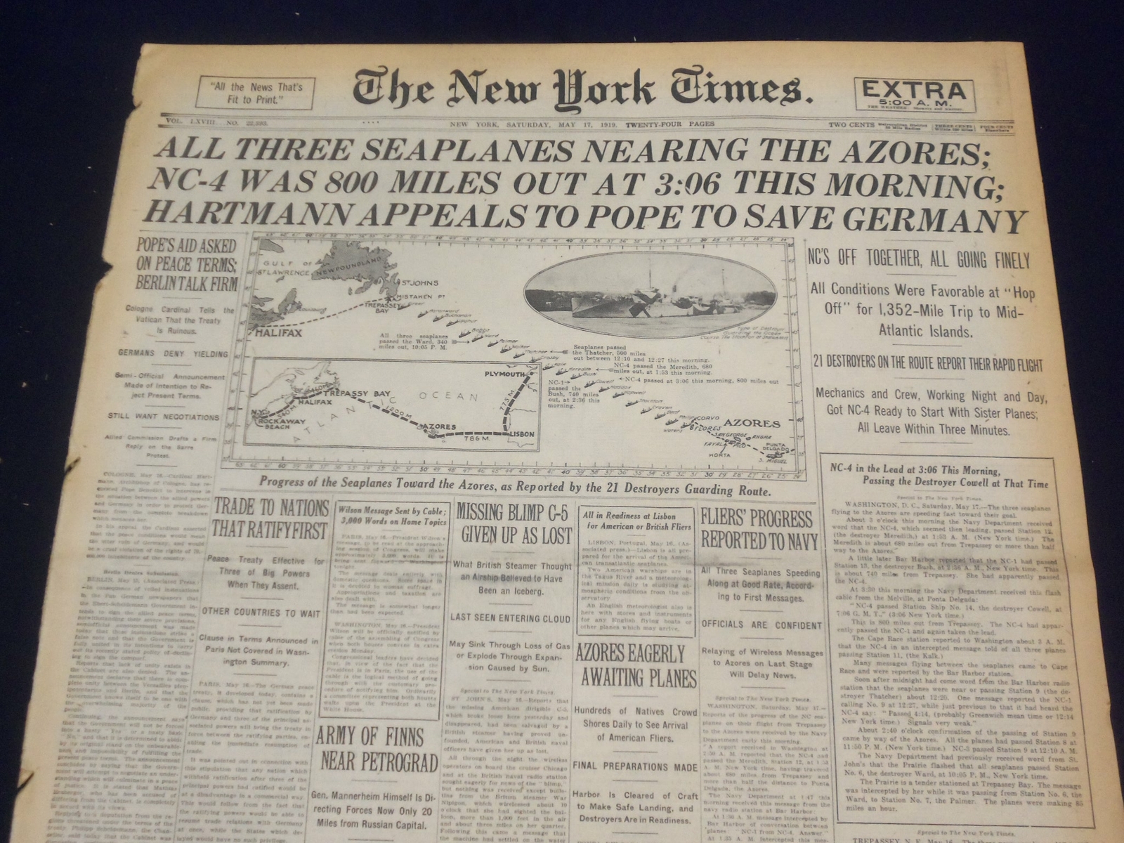 1919 MAY 17 NEW YORK TIMES - ALL 3 SEAPLANES NEARING THE AZORES - NT 9250