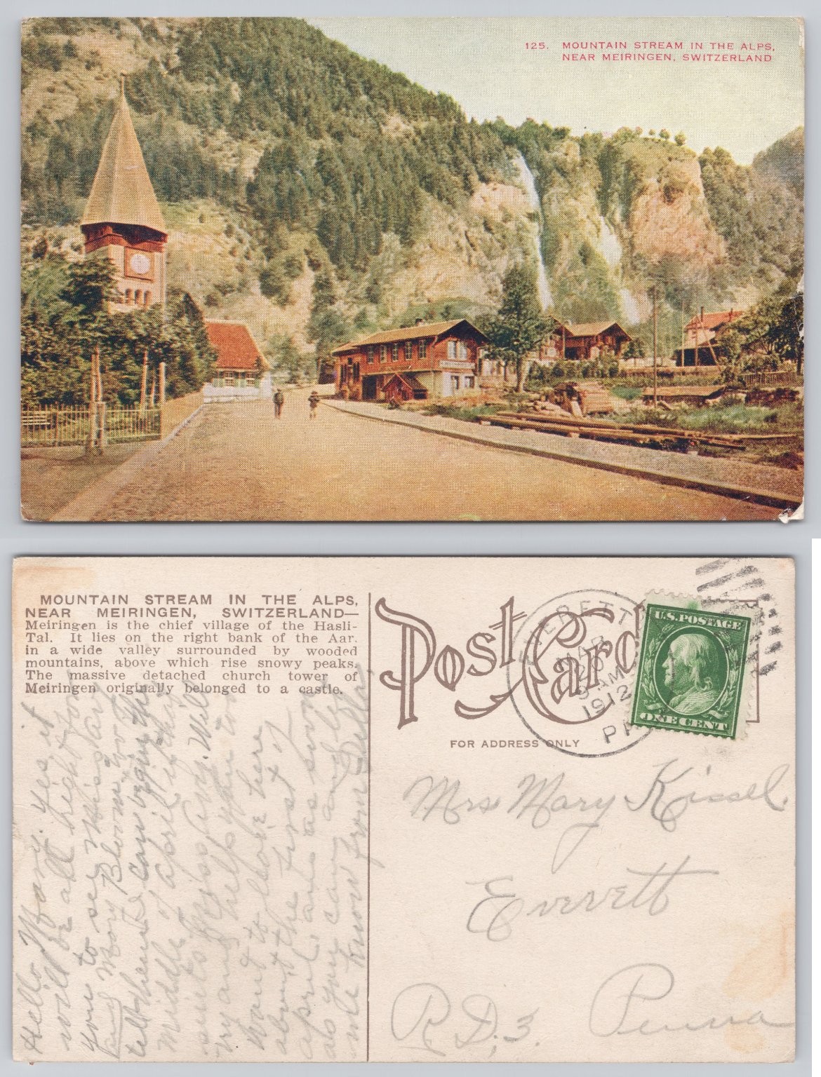 1912 Meiringen Switzerland Alps Church Tower Waterfall Postcard Posted