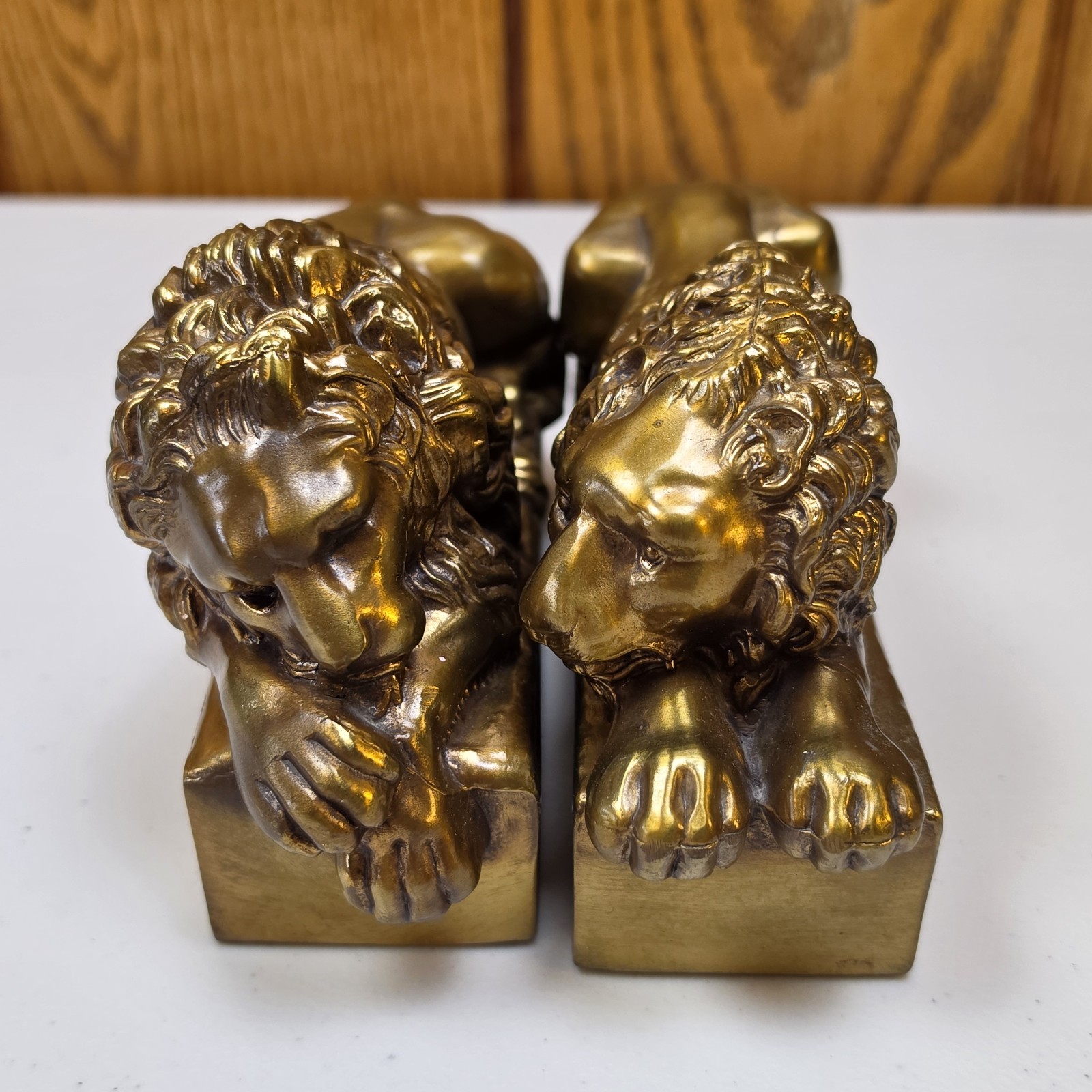 Vintage Antonio Canova Lion Bookends Pair Cast Metal Brass-Tone Finish Lions