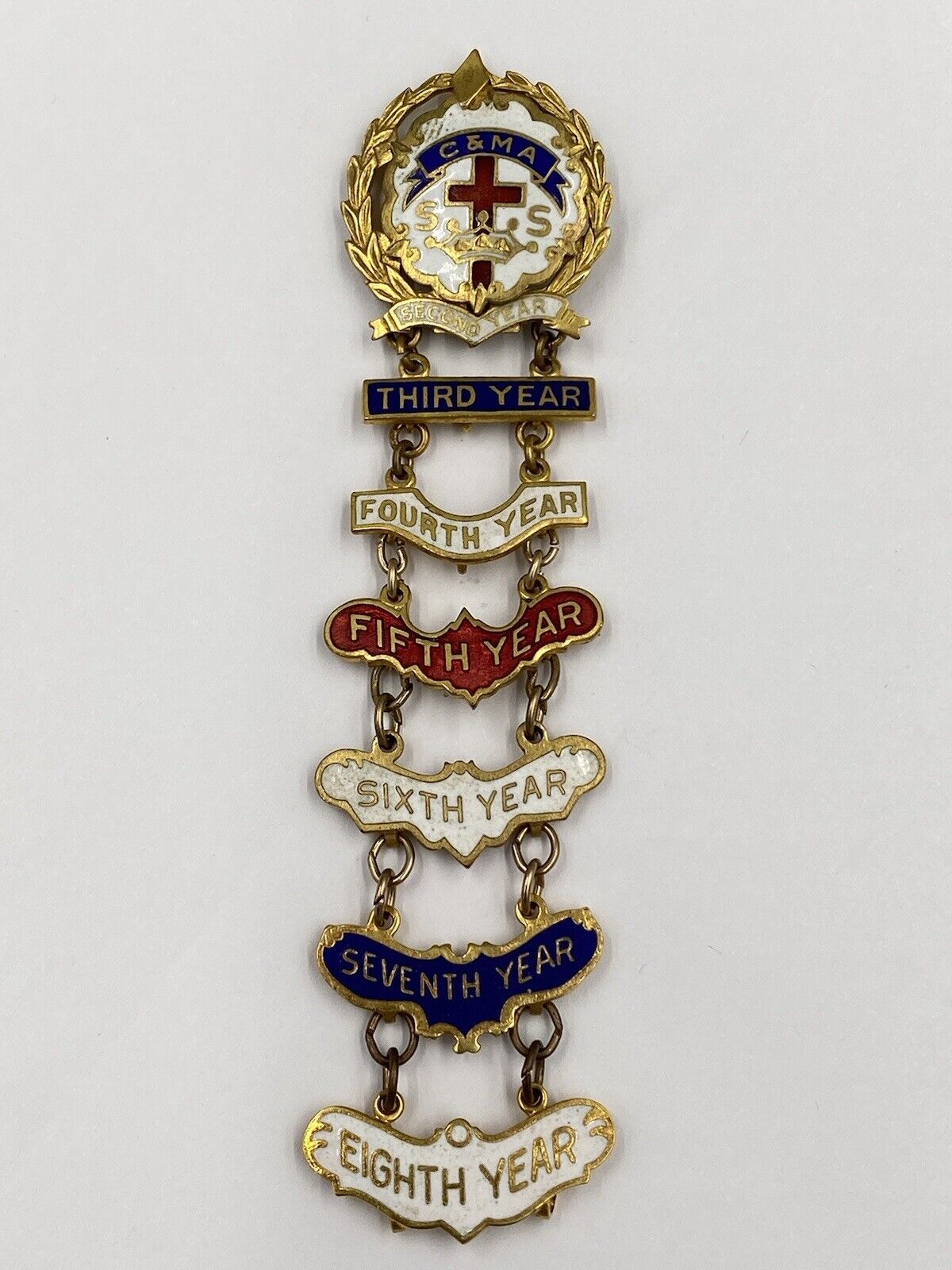 Vintage C&MA 8 Year Attendance Pins Little Cross and Crown 1/20 10k Gold Filled