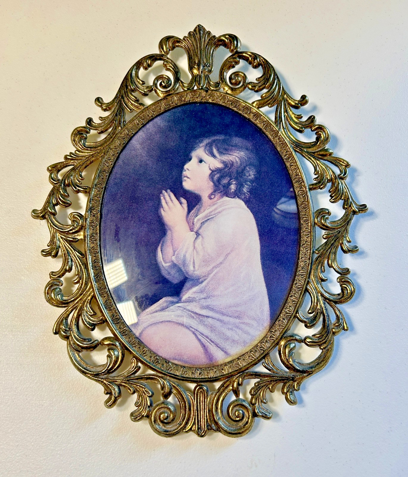 Vintage Italian Floral Oval Framed Pictures Convex Bubble Glass Ornate Brass