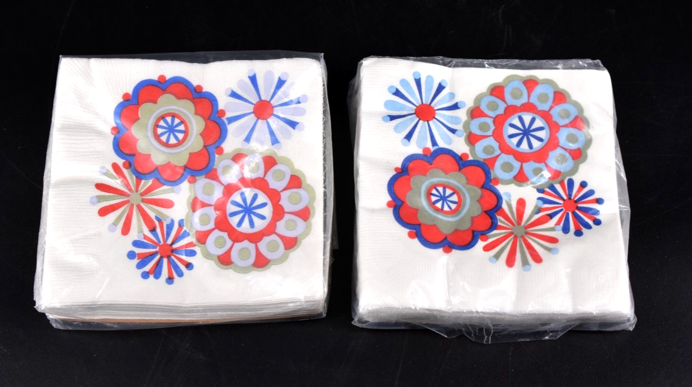 VTG NOS Paper Cocktail Napkins Red White Blue Geometric 24 Ct. 5\