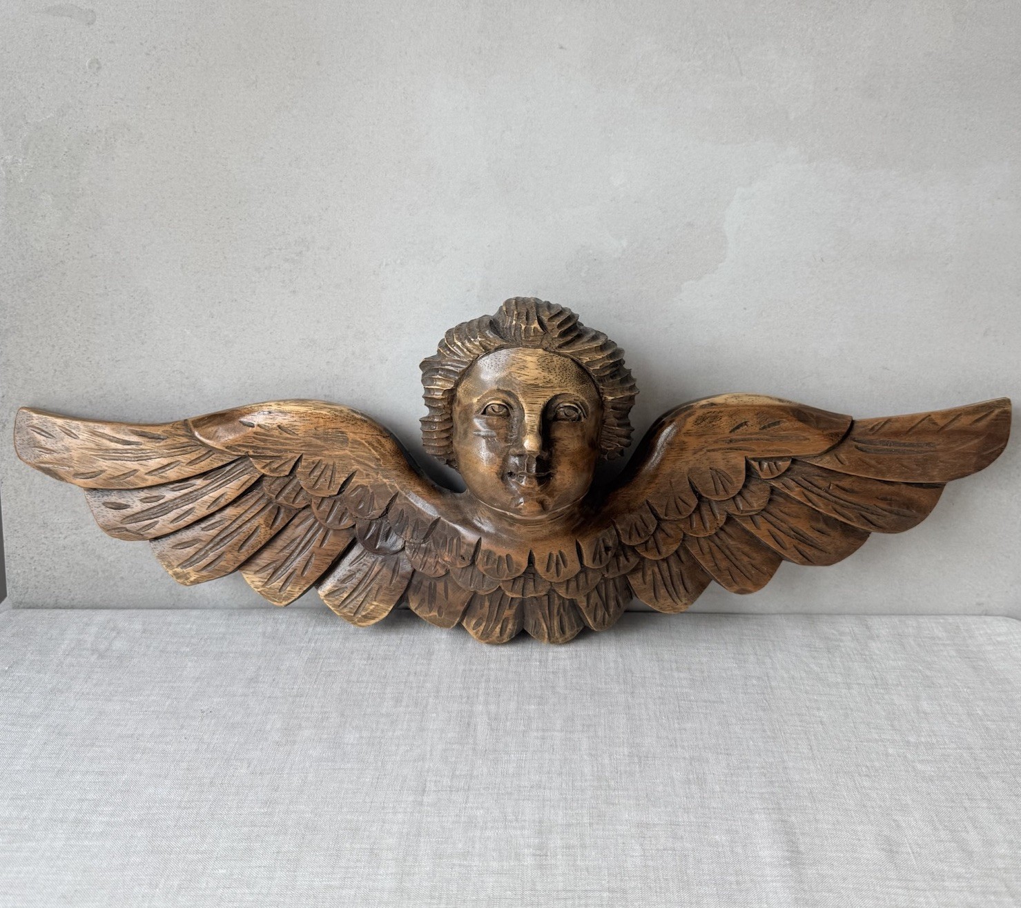 Vintage Hand Carved Wood Cherub Angel Wall Plaque Spanish Colonial Style 22”L Vintage Hand Carved Wood Cherub Angel Wall Plaque Spanish Colonial Style 22”L