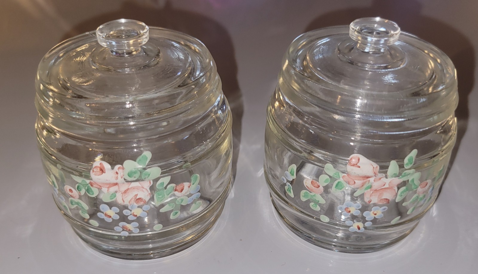 Vintage Kruger Glass Nursery Jars Handpainted Flowers Vintage Kruger Glass Nursery Jars Handpainted Flowers
