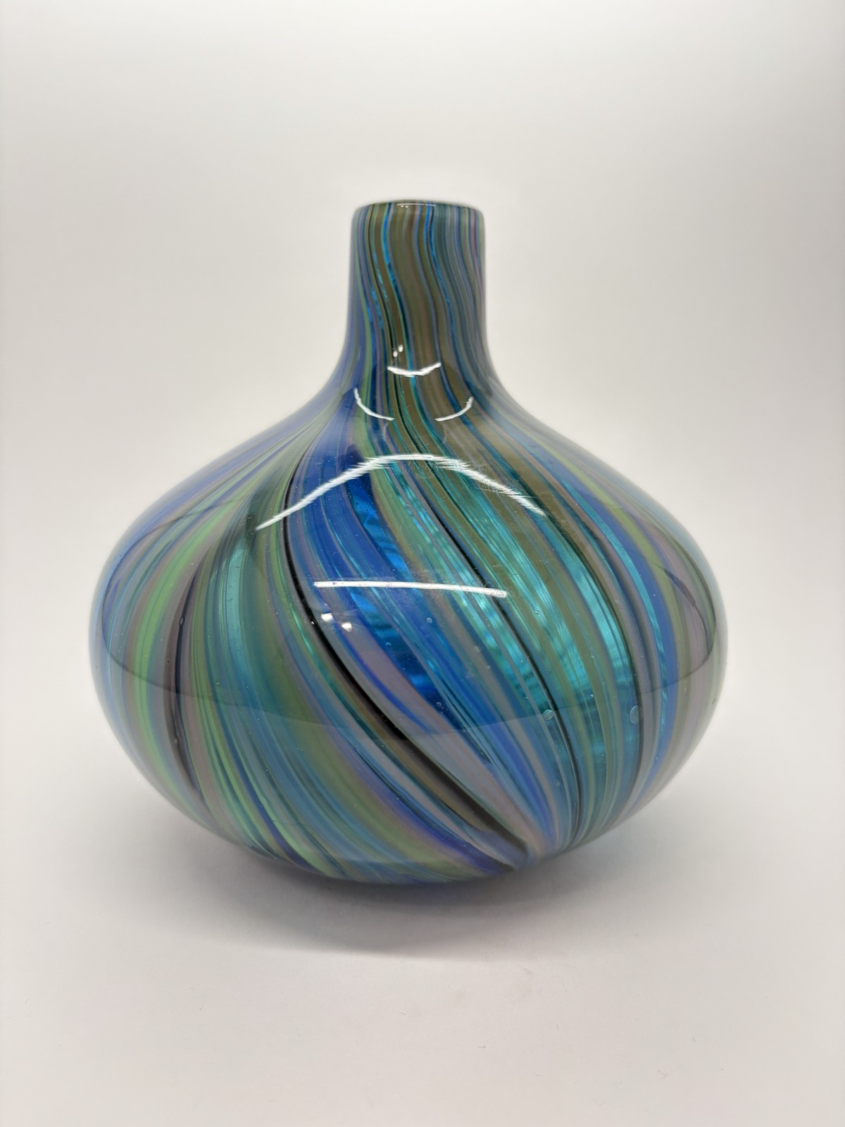 Vintage Hand Blown art Glass Vase Blue Green Swirl Multicolor Round 7.5 Inch