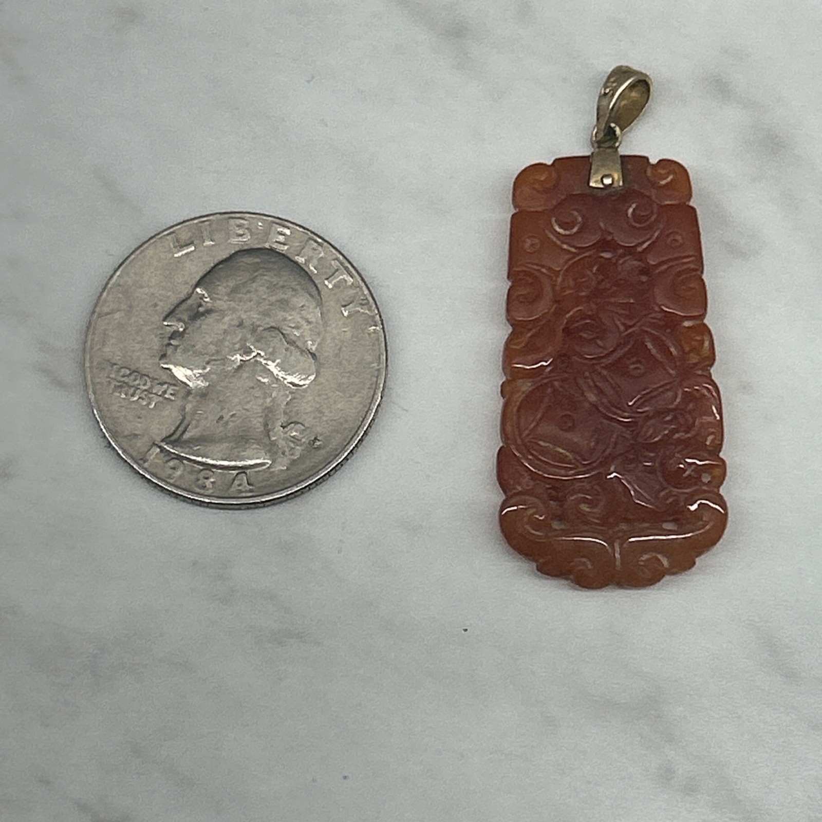 Vintage Chinese Carved Out Orange Agate Carnelian Plaque Pennant On 14k Gold Vintage Chinese Carved Out Orange Agate Carnelian Plaque Pennant On 14k Gold