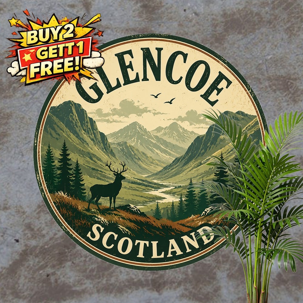 Scotland Highlands View Round Metal Sign Retro Wall Decor Plaque 8x8