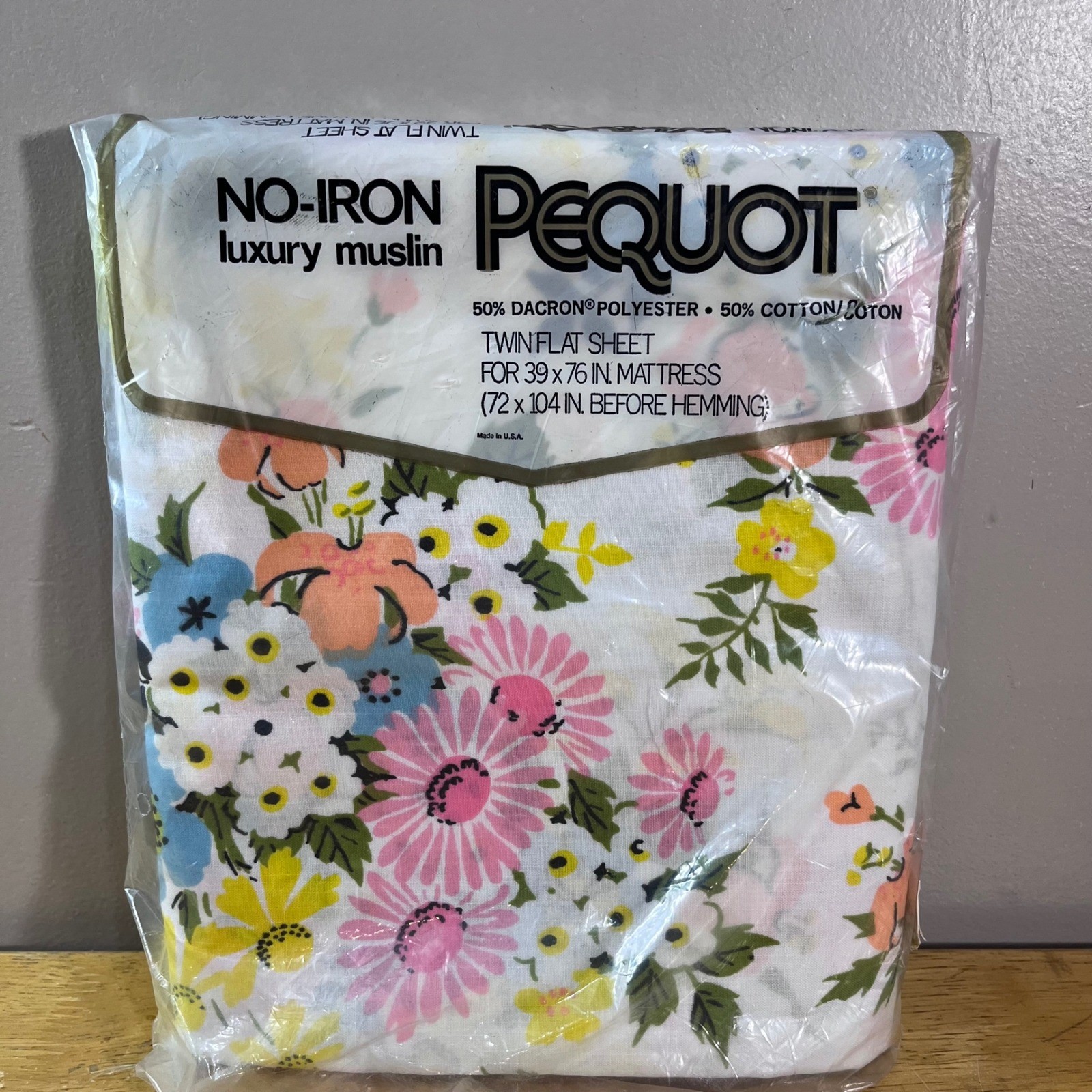 Vtg Pequot Twin Flat Sheet No-Iron Luxury Muslin Floral Pink Yellow Blue USA NEW