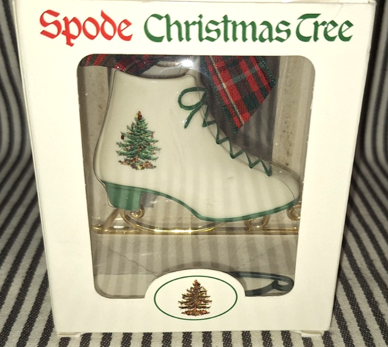 NIB VTG 2000 SPODE CHRISTMAS TREE ICE SKATE w/GOLD BLADE PORCELAIN ORNAMENT