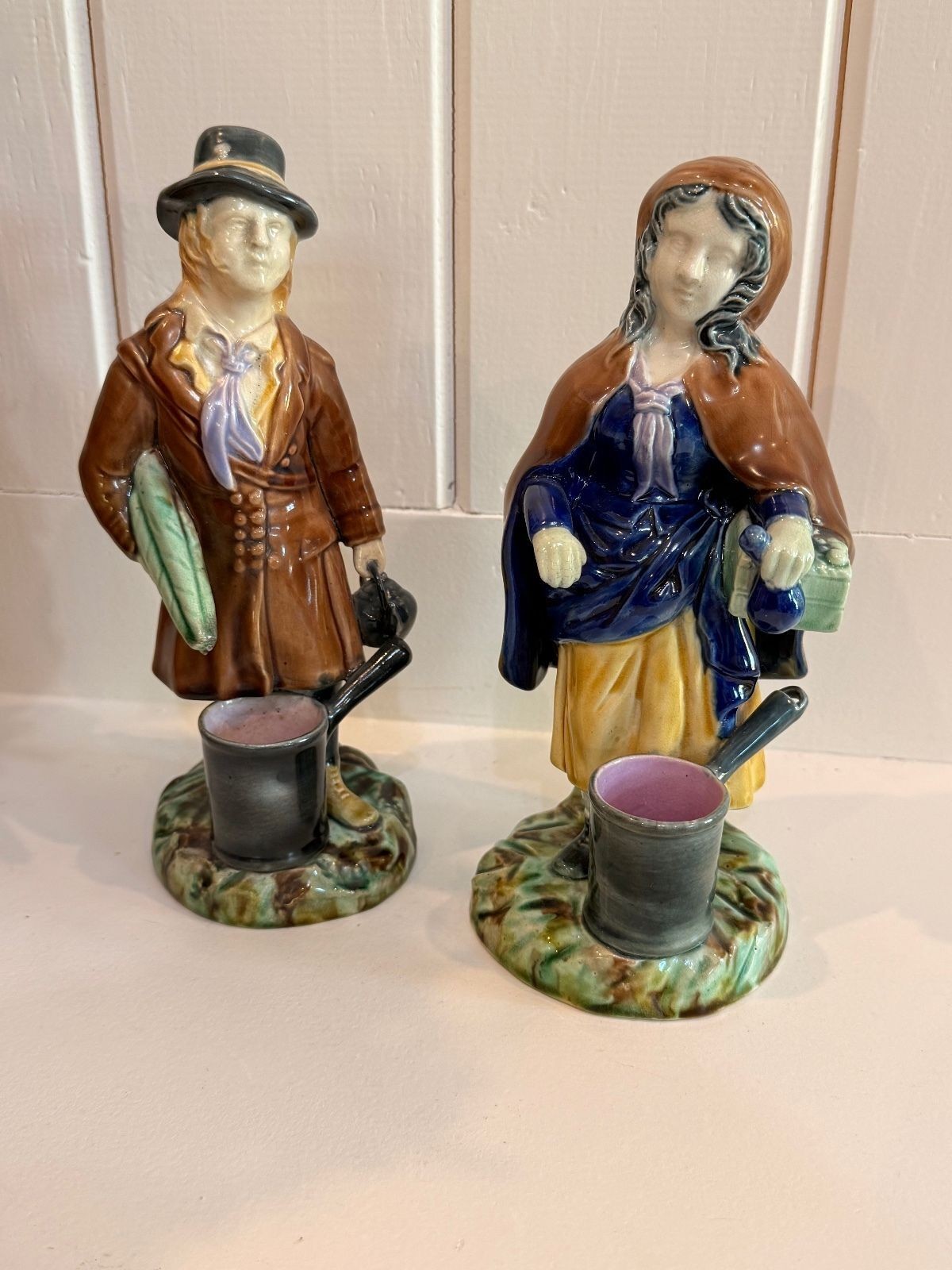 Antique Continental Majolica Figural Match Holders Pair 8 Inch Strikers Vases