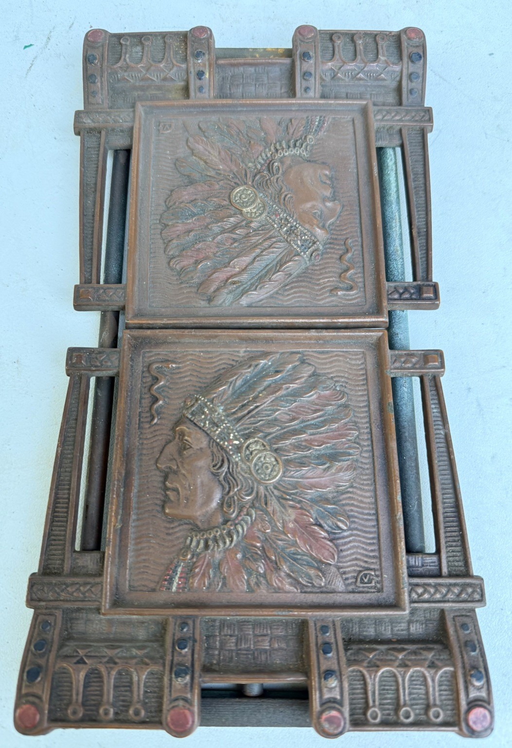 Antique Judd Native American Indian Chief Cast Iron Telescoping Bookends