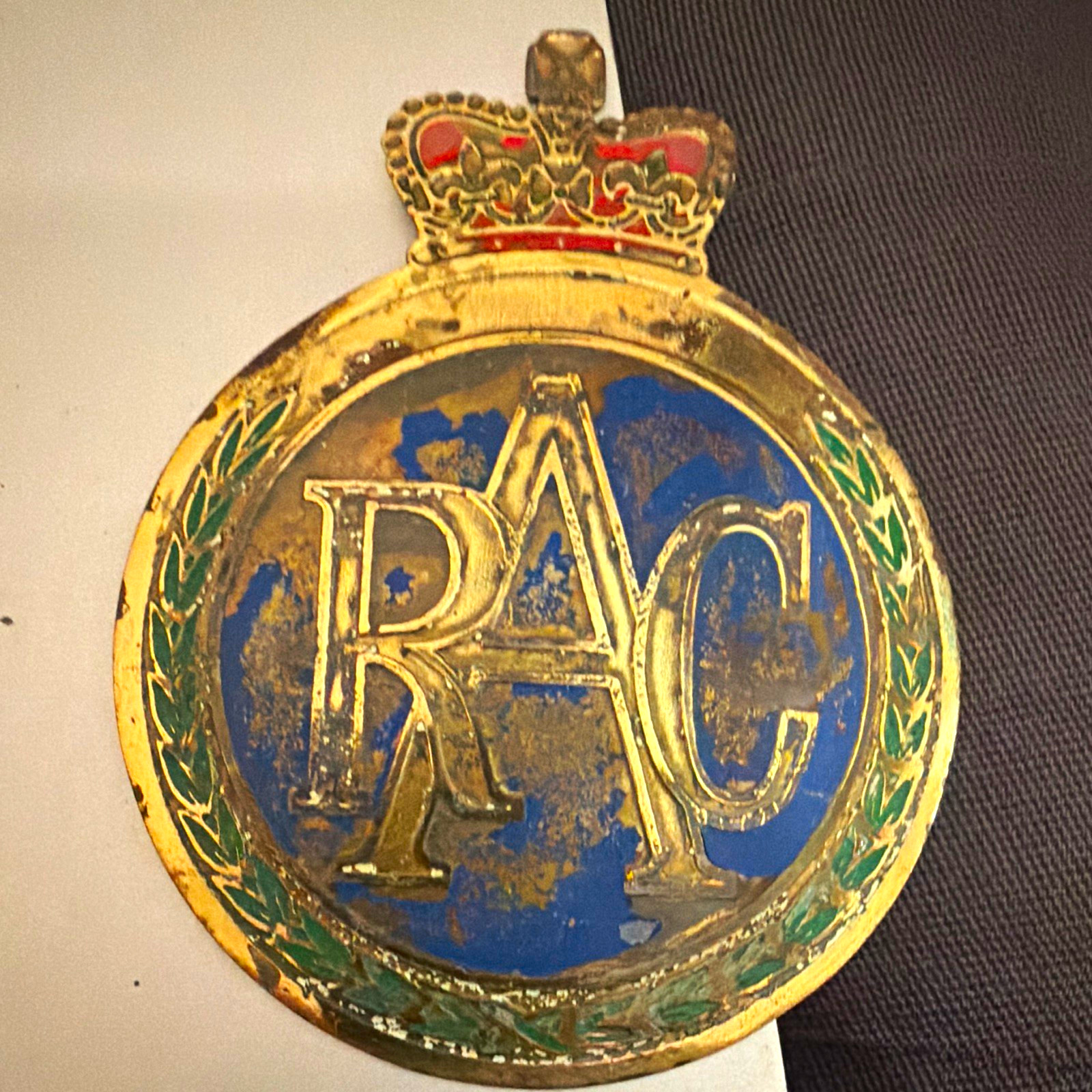 Vintage RAC Royal Automobile Club Enamel Crown Round Car Badge Blue Green Gold
