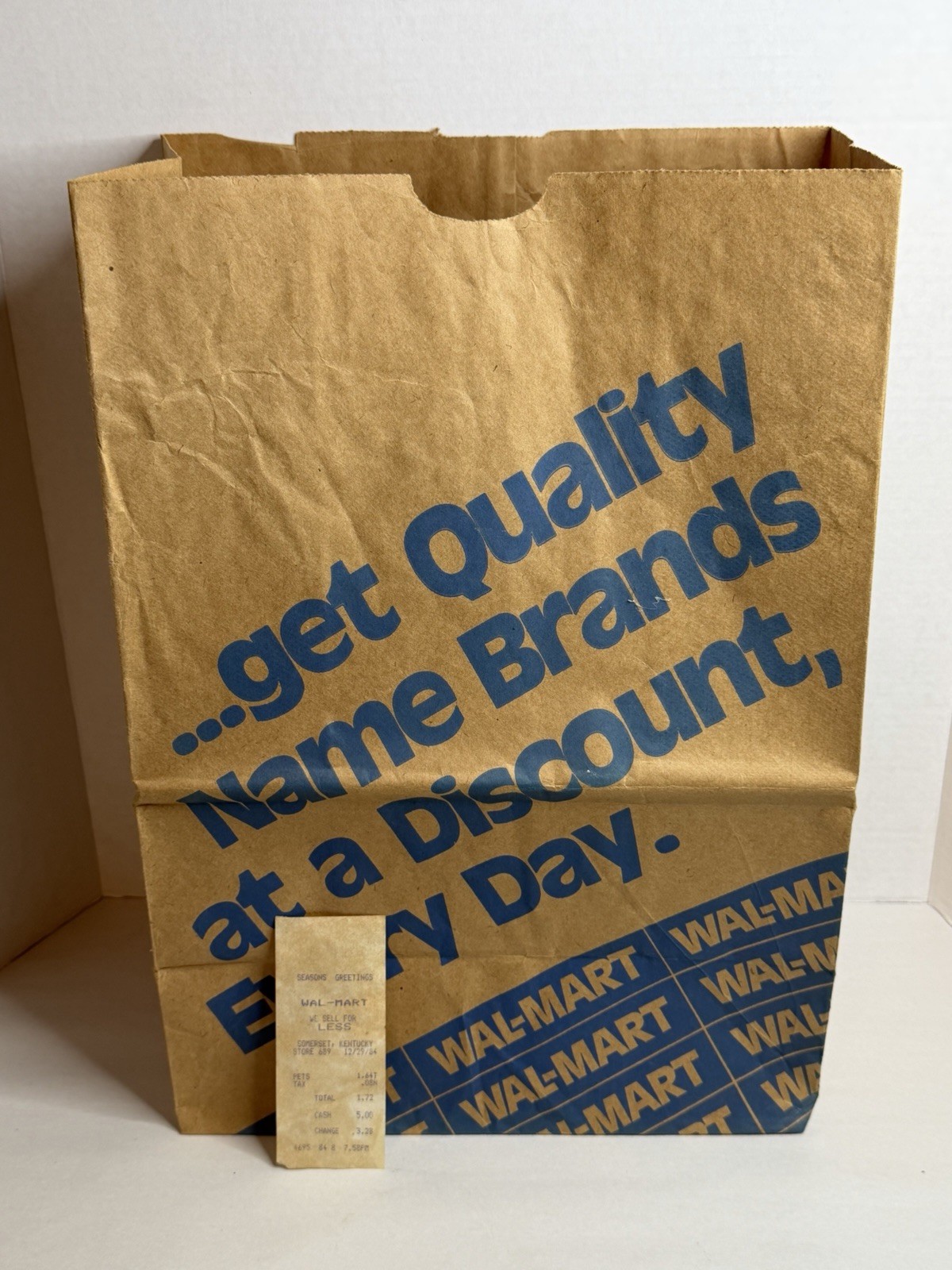 Vintage 1984 Walmart Shopping Bag Paper Grocery Ephemera W/ Receipt Somerset Ky