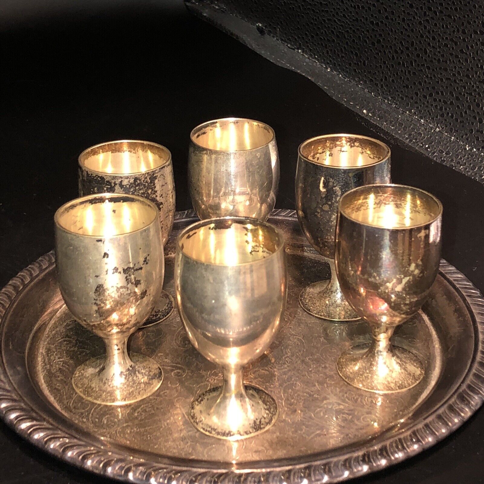 6 Vintage Leonard Silver Plate Shot Glasses / Small Sherry Goblets Tray