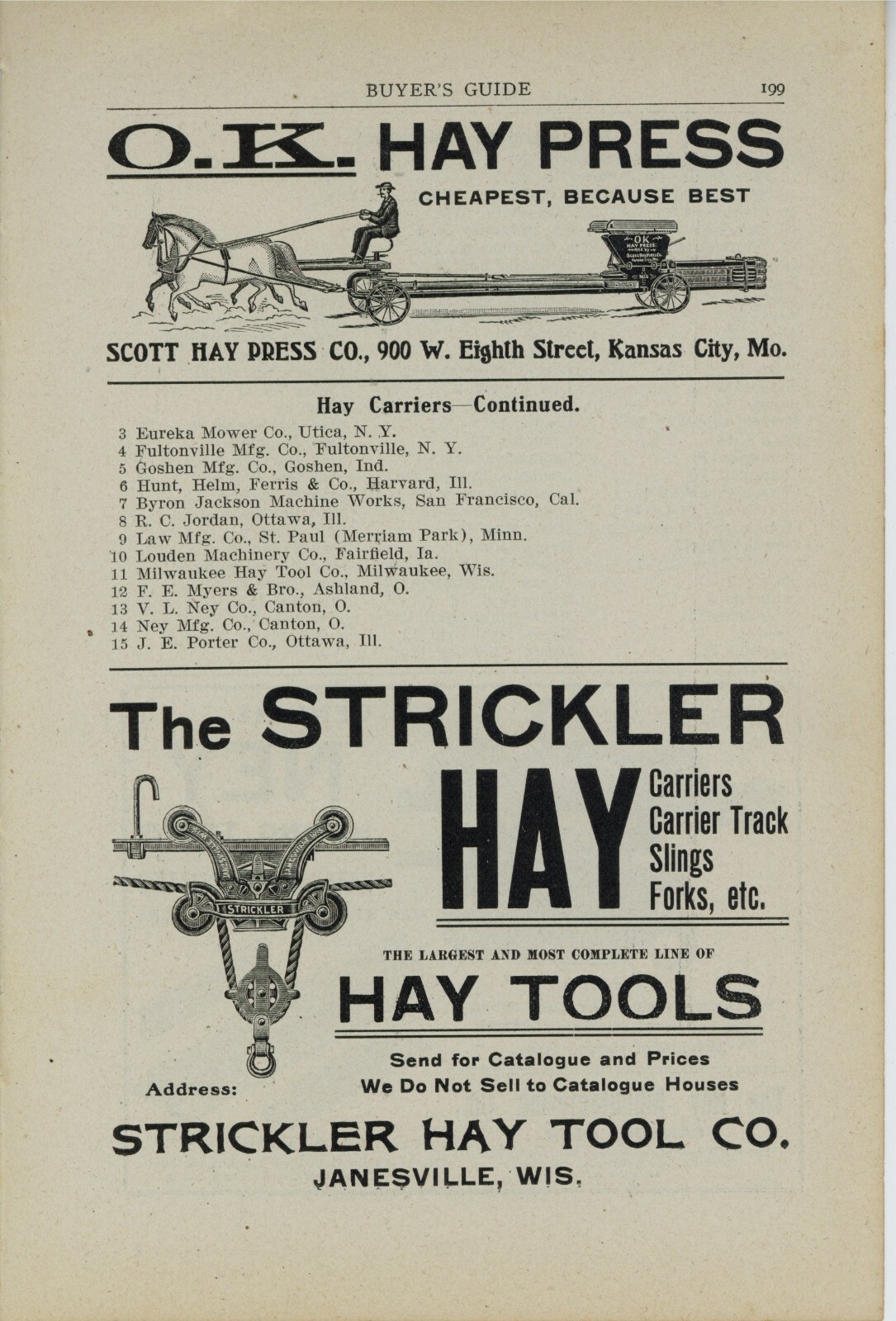 1905 OK Hay Press, Strickler Hay Tools, & Ney Haying Tools Ads: F&B of Page. 