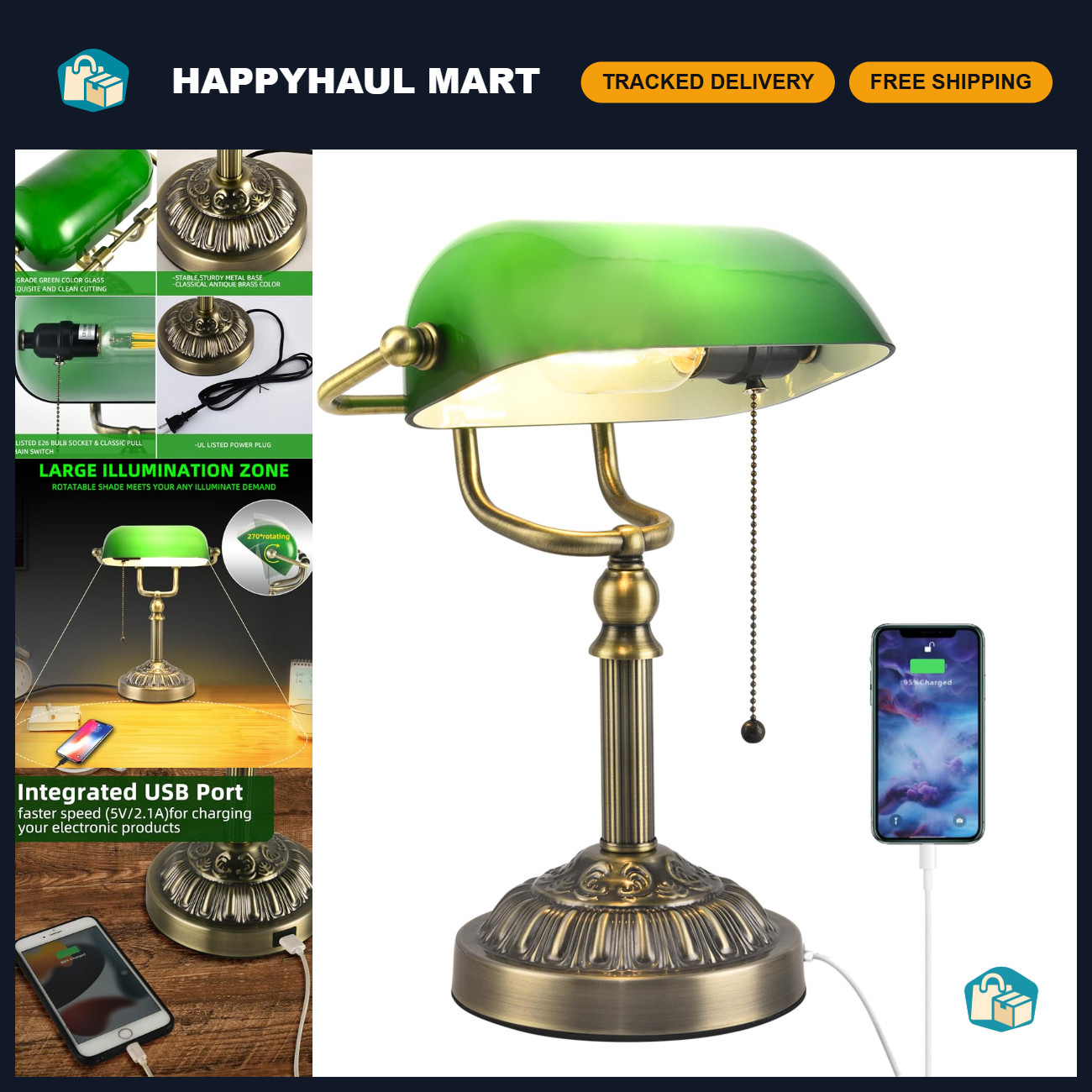 Vintage Bankers Desk Lamp with USB Charging, Green Glass & Antique Brass, Home O Vintage Bankers Desk Lamp with USB Charging, Green Glass & Antique Brass, Home O