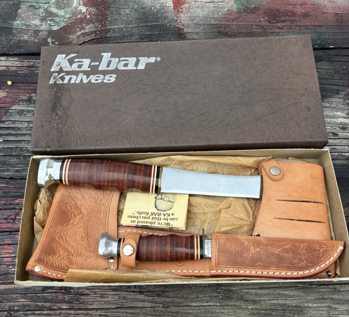 Vintage 1960\'s KA-BAR Knife & Hatchet #1332 Set Stamped Leather Sheaths NIB