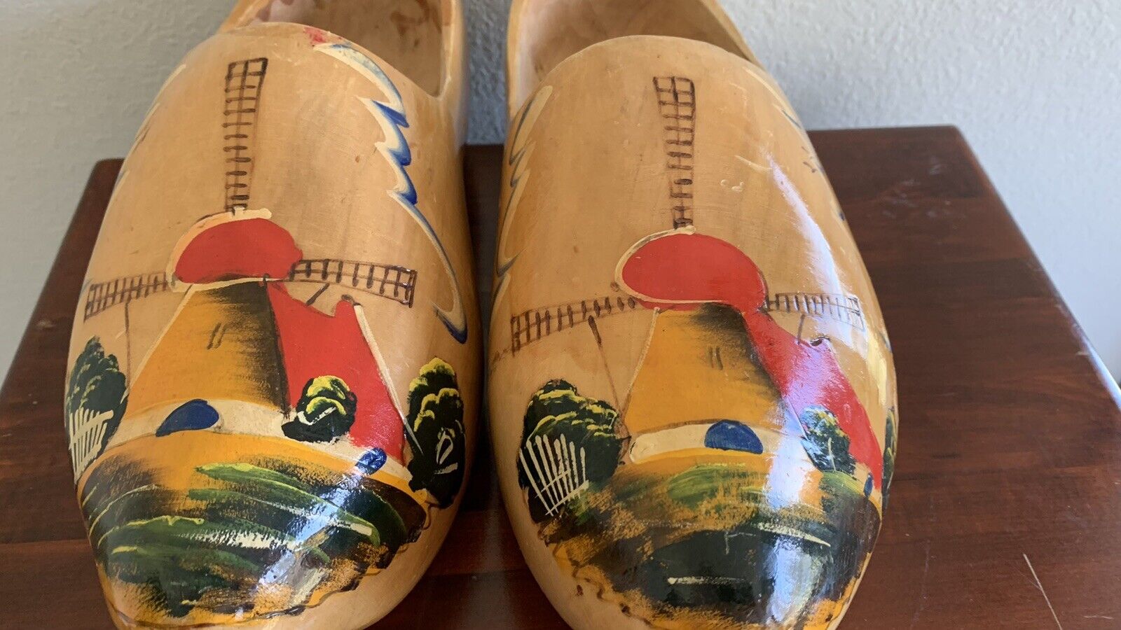 Vintage Wooden Klomper Lg 26 Dutch Clogs Shoes 12” Holland HandPainted Windmill