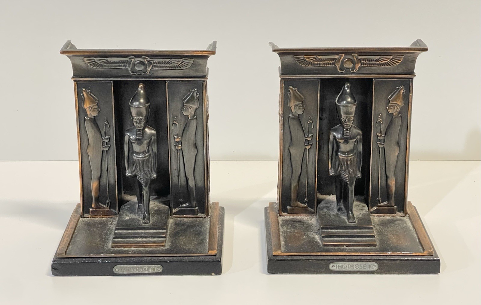 Antique Vintage Pair Egyptian Pharaoh Bookends Copper Metal Thotmose III Antique Vintage Pair Egyptian Pharaoh Bookends Copper Metal Thotmose III