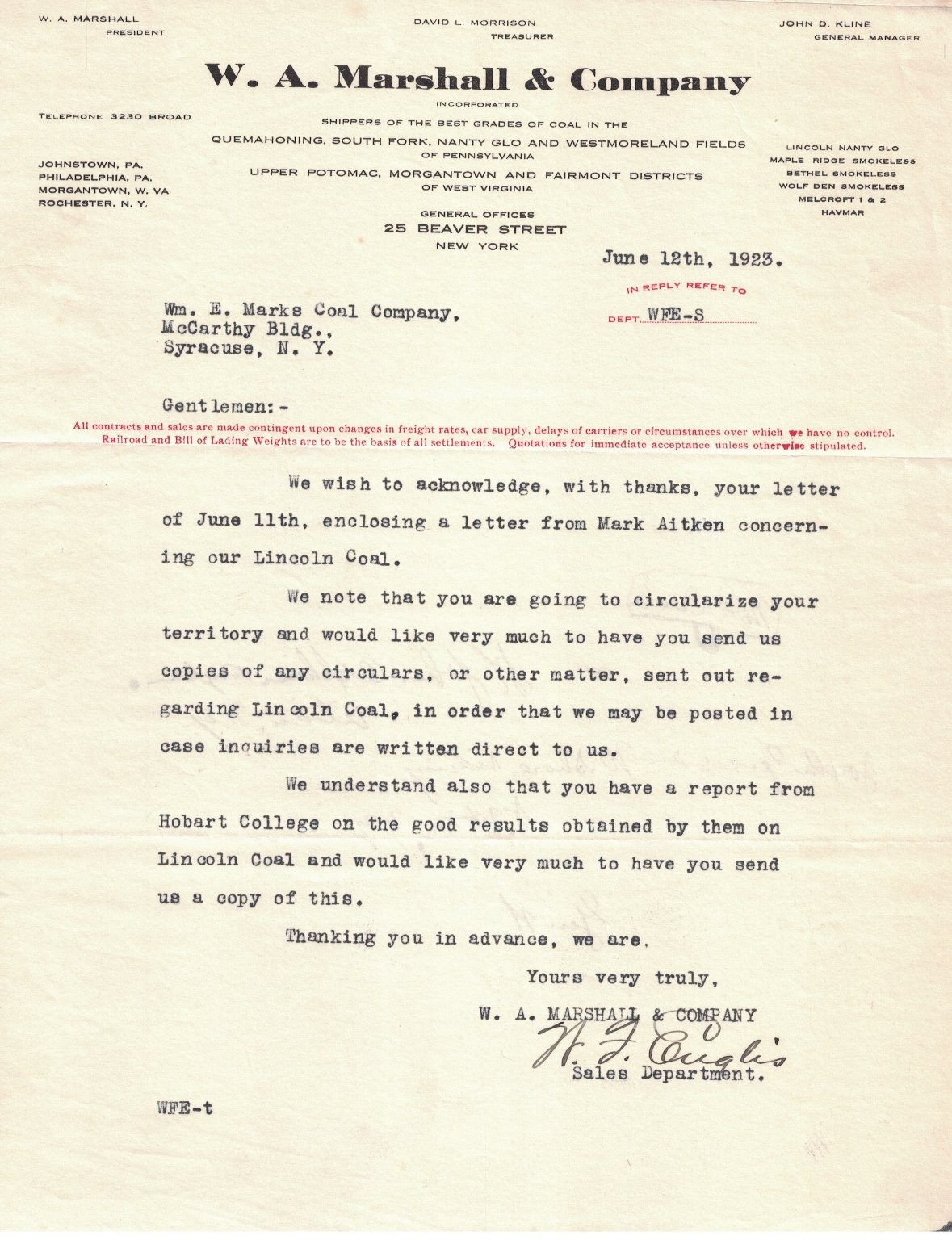 1923 W. A. Marshall & Company Coal Industry Letter New York PA WV 1923 W. A. Marshall & Company Coal Industry Letter New York PA WV