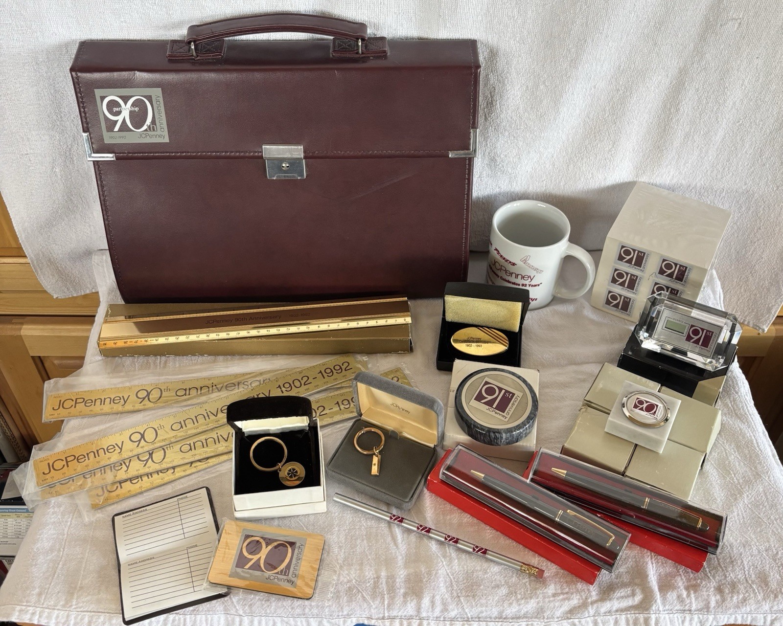 JC Penney 90th 91st 92nd Anniversary Assorted Lot, Clock, Briefcase, Mug, Rulers JC Penney 90th 91st 92nd Anniversary Assorted Lot, Clock, Briefcase, Mug, Rulers