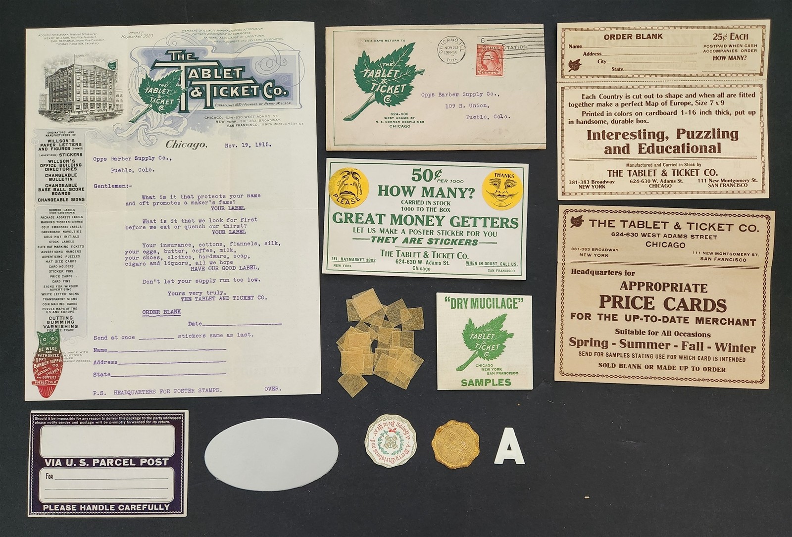 1915 antique TABLET & TICKET CO chicago il LETTER w SAMPLE LABELS set