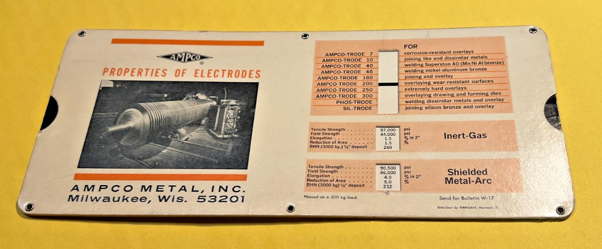 Vintage Ampco Metal Milwaukee WI Properties of Electrodes Slide Chart