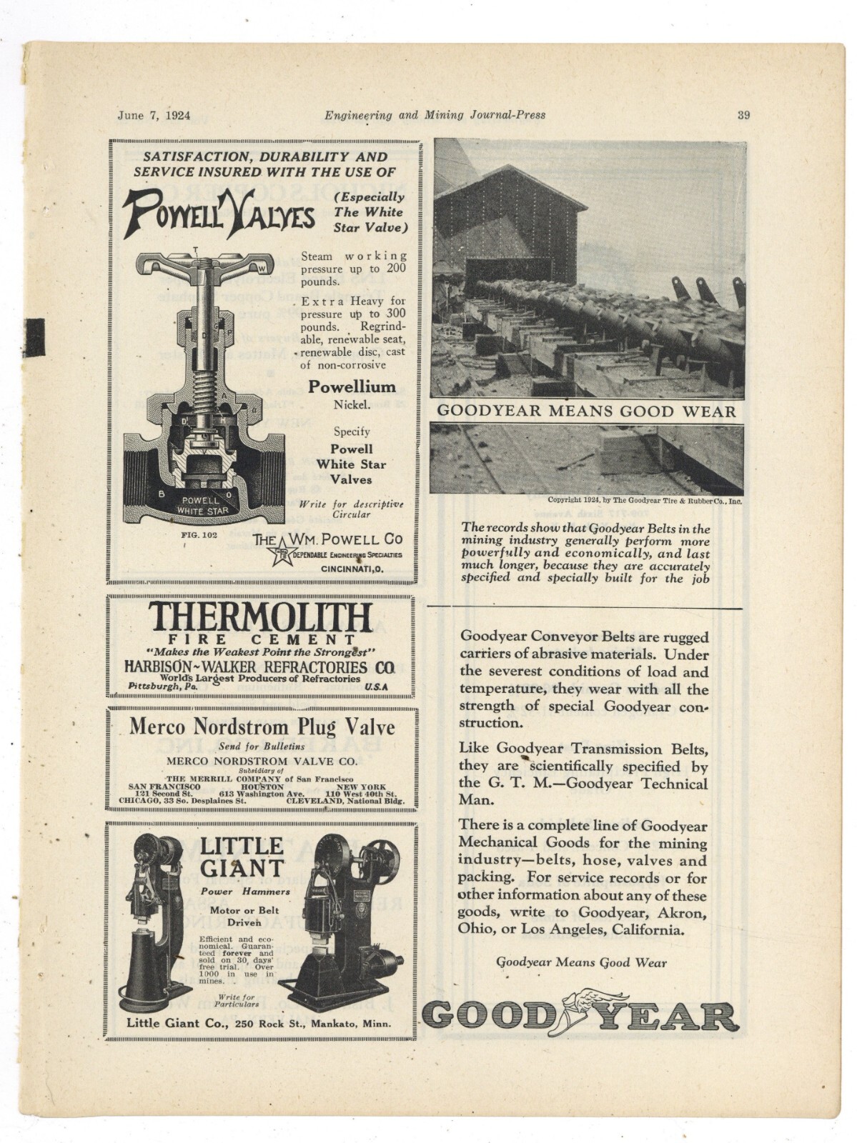 1924 Goodyear Ad: Conveyor Belts for the Mining Industry - Los Angeles, CA