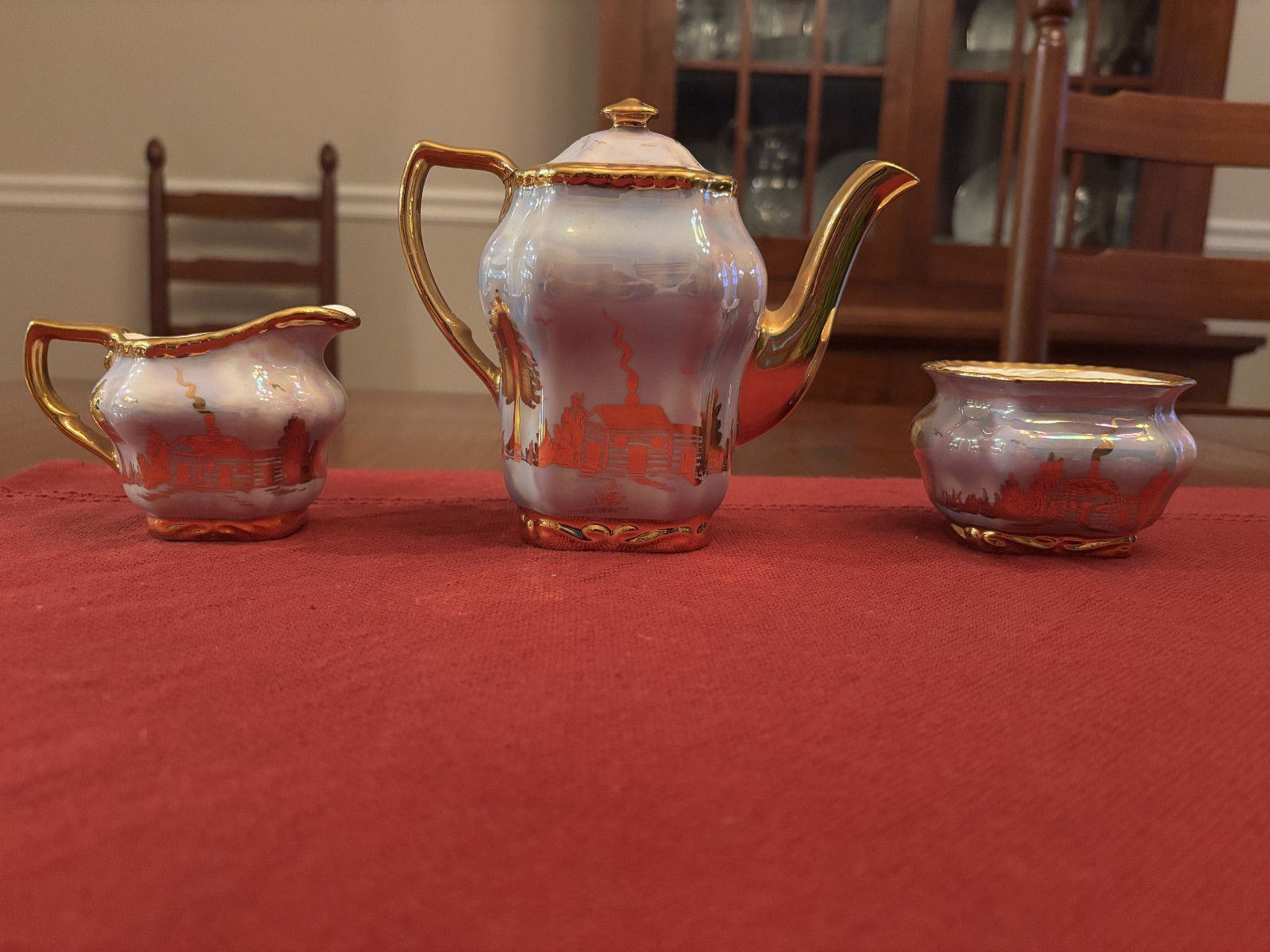 Vintage Cumbow China, Gold Luster teapot, sugar bowl, creamer set Vintage Cumbow China, Gold Luster teapot, sugar bowl, creamer set