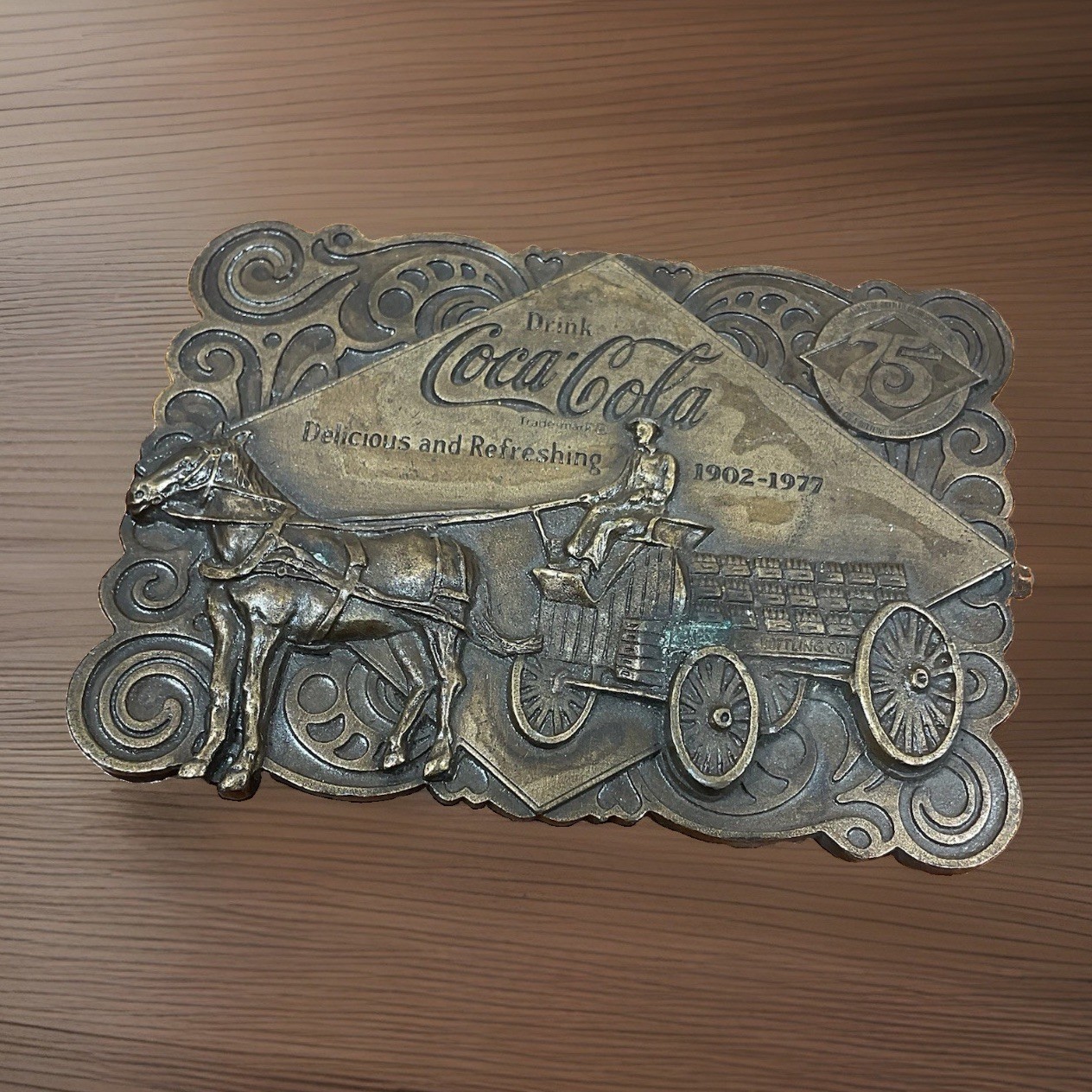 VTG 1976 Coke Coca Cola 75th Anniversary Horse & Sled BRASS Belt Buckle Retro VTG 1976 Coke Coca Cola 75th Anniversary Horse & Sled BRASS Belt Buckle Retro