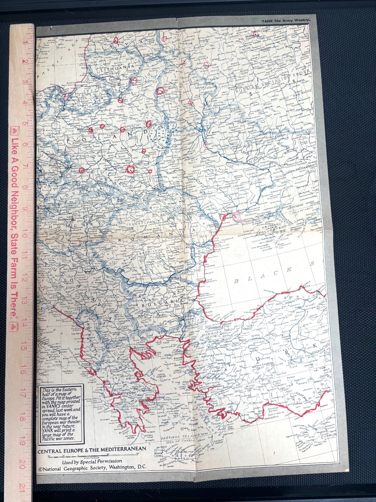 The Yank Army Weekly 1944 Map of Central Europe & Mediterranean WWII Military