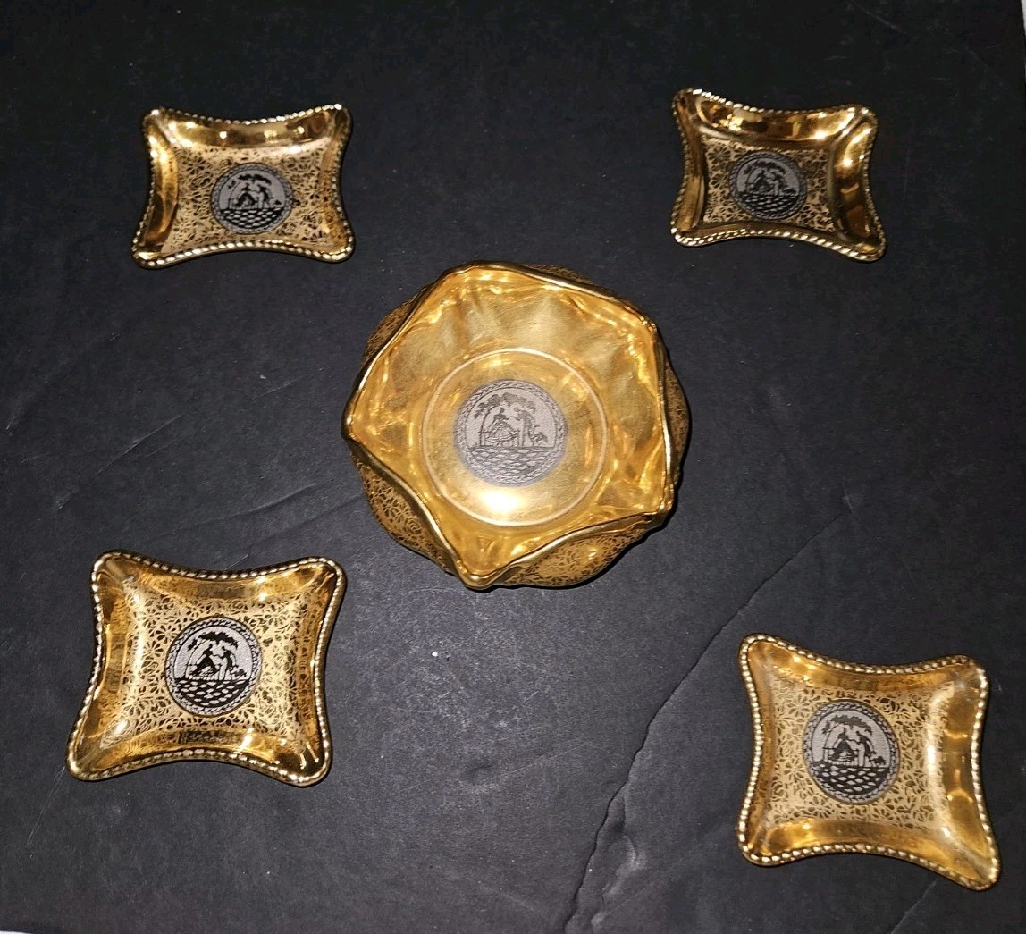 Vtg Le Mieux China 24K Gold Courting Couple 6Pc Set Ashtray Trinket Dish Vase MC
