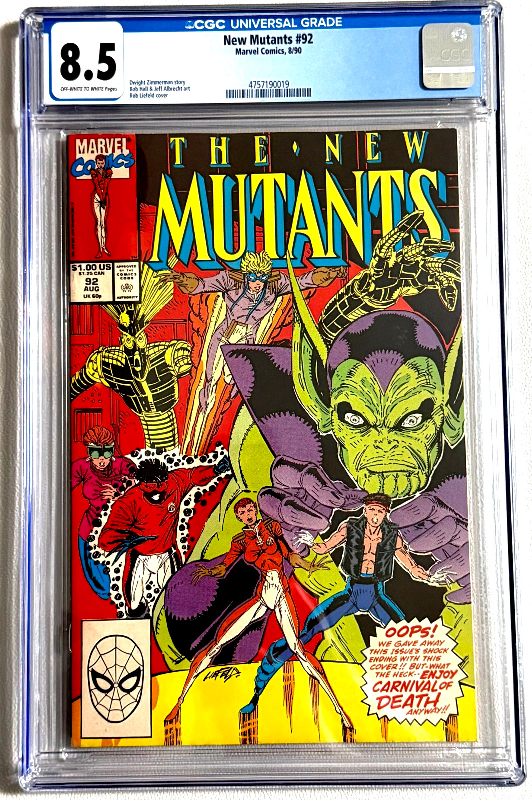 NEW MUTANTS #92 CGC 8.5 ROB LIEFELD CARNIVAL OF DEATH COVER SKRULLS 1990 MARVEL