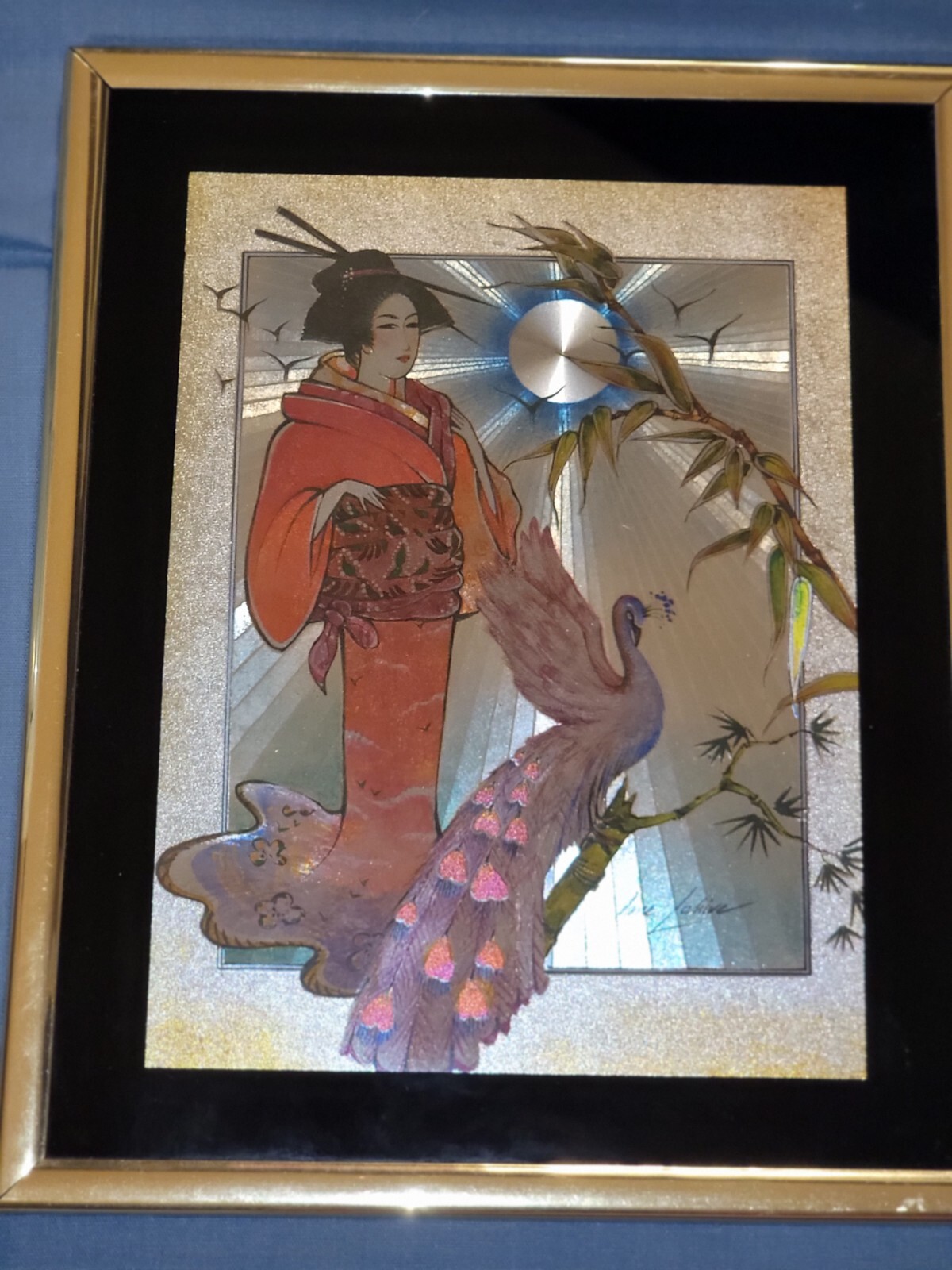 Vintage Manifestations Asian Peacock Metallic Art Goldish Frame 8x10 Jane Lahive