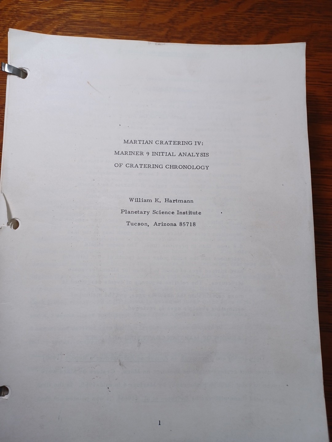 ORG Report Martian Cratering IV Mariner 9 initial Detailed Analysis Binder JRRA