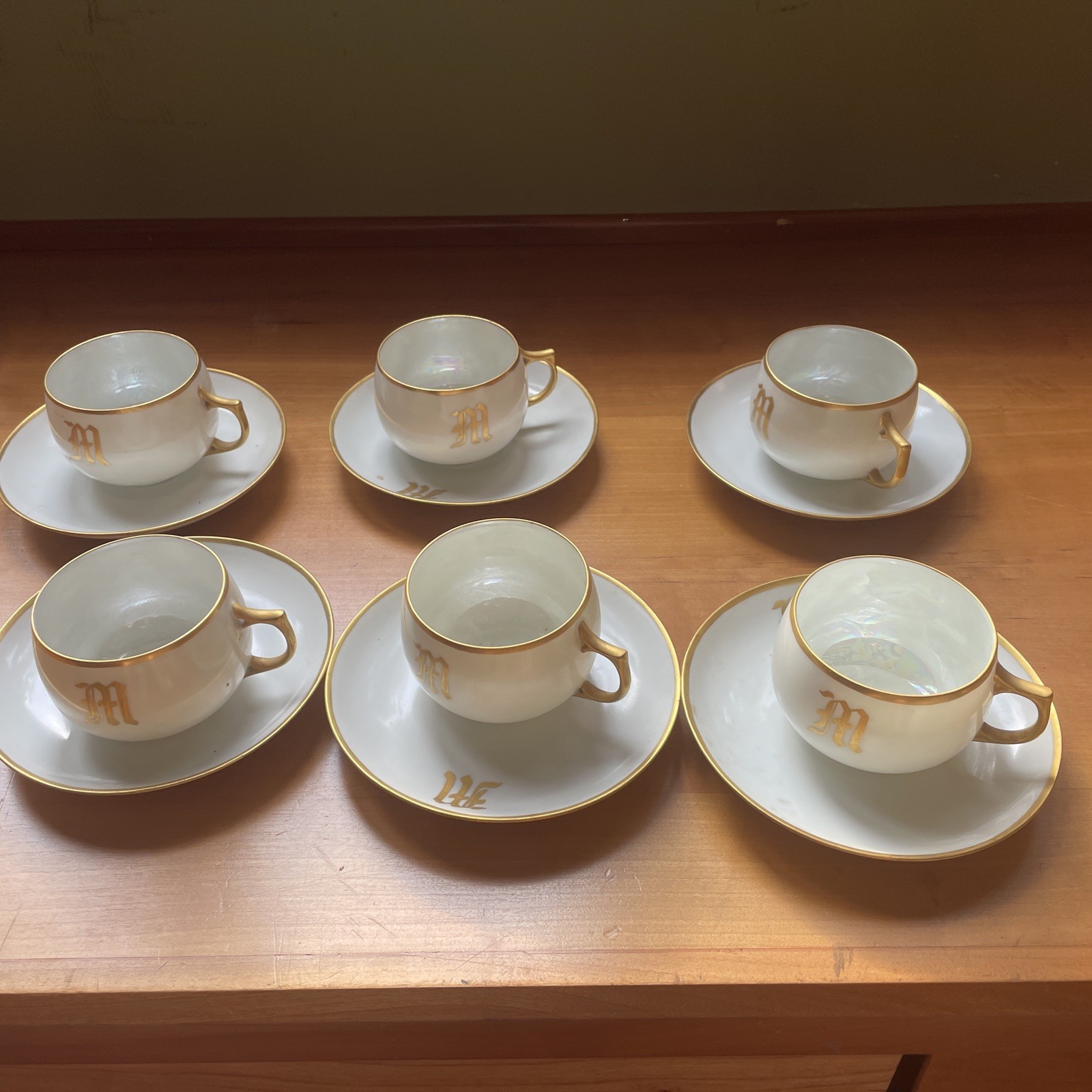 Antique J&C Bavaria Malmaison  6 Tea Cups Saucers Gold Gilt Monogram M c 1900