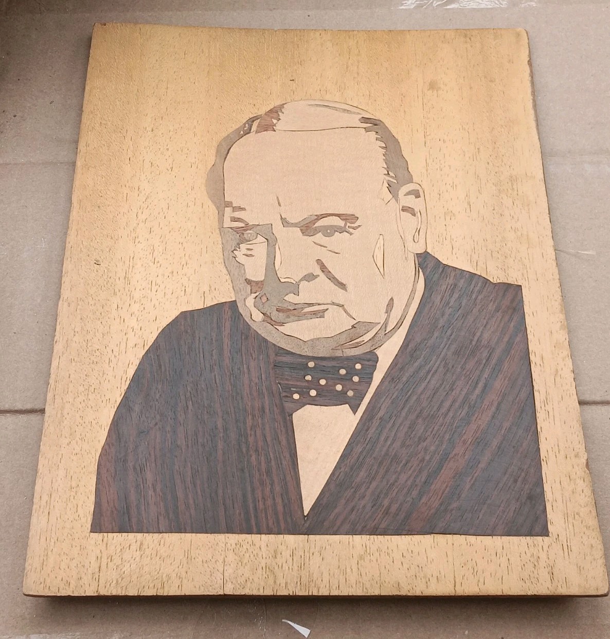 Vintage WINSTON CHURCHILL Marquetry Inlaid Wood Portrait Plaque 