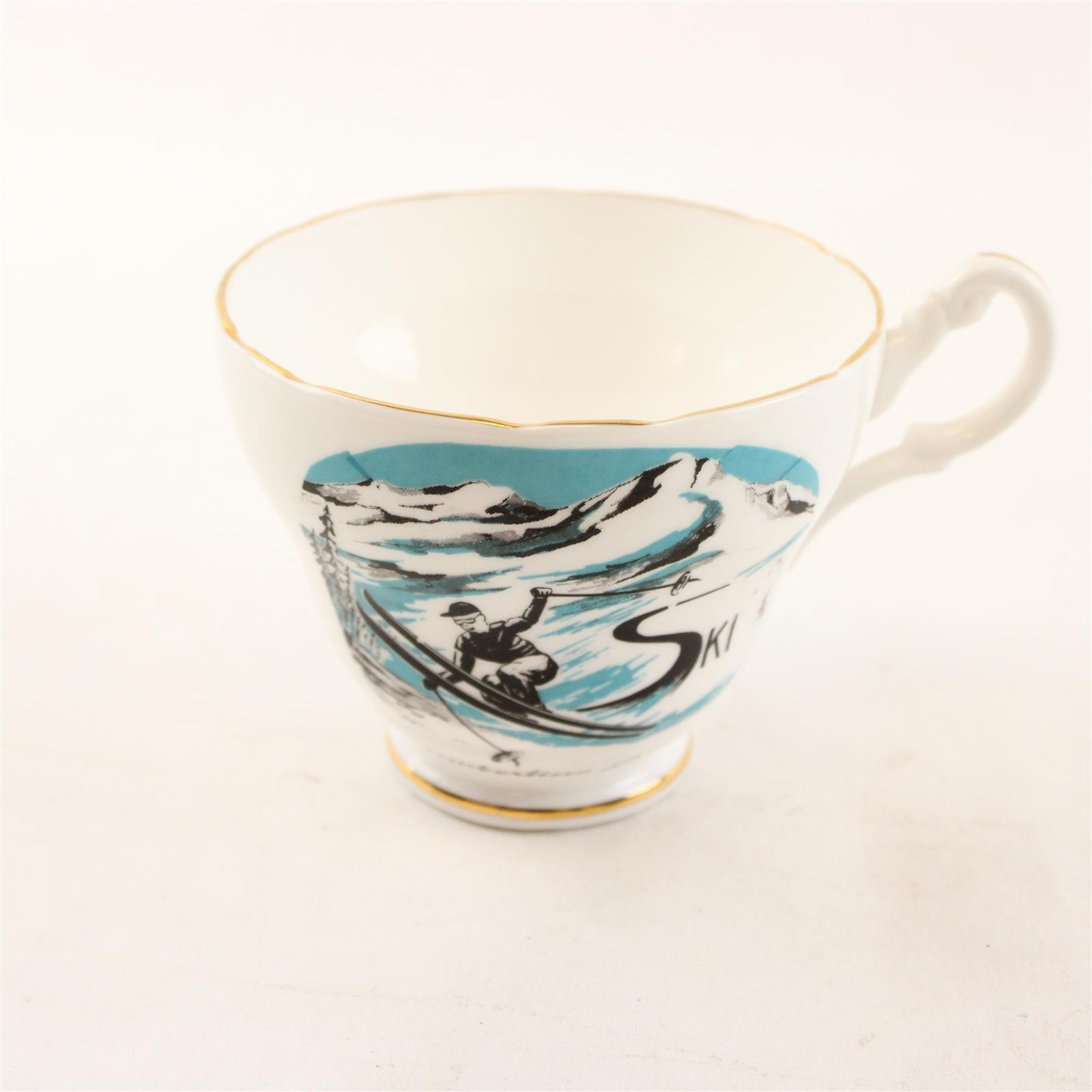 Vintage Winston Bone China Timberline Lodge Ski Souvenir Teacup, Gold Trim