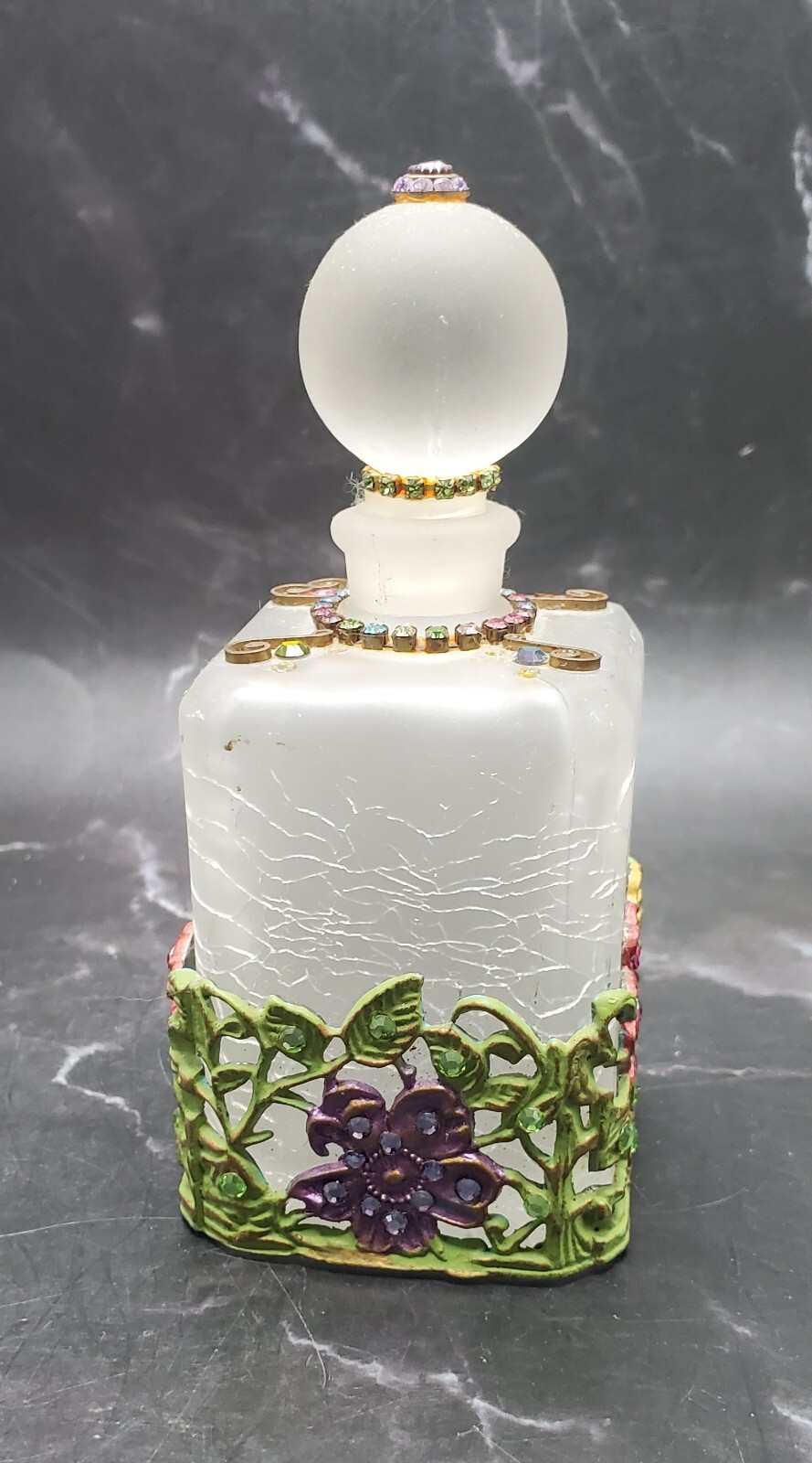 Vtg Beautiful Jeweled Metal Floral Jacket Frosted Glass Empty Perfume Bottle