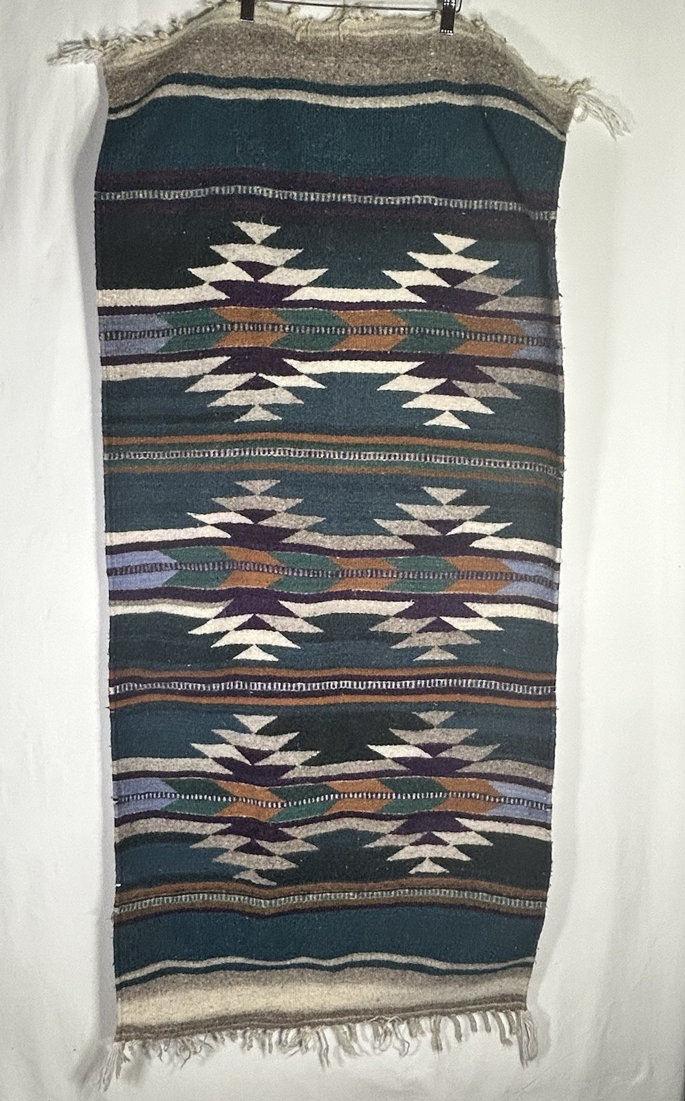 Vintage Handwoven Wool Southwestern Oaxacan Zapotec Style Flatweave Rug 26x57