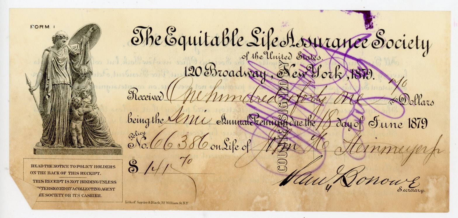 1879 Equitable Life Assurance Society Insurance Premium Receipt New York Signed 1879 Equitable Life Assurance Society Insurance Premium Receipt New York Signed