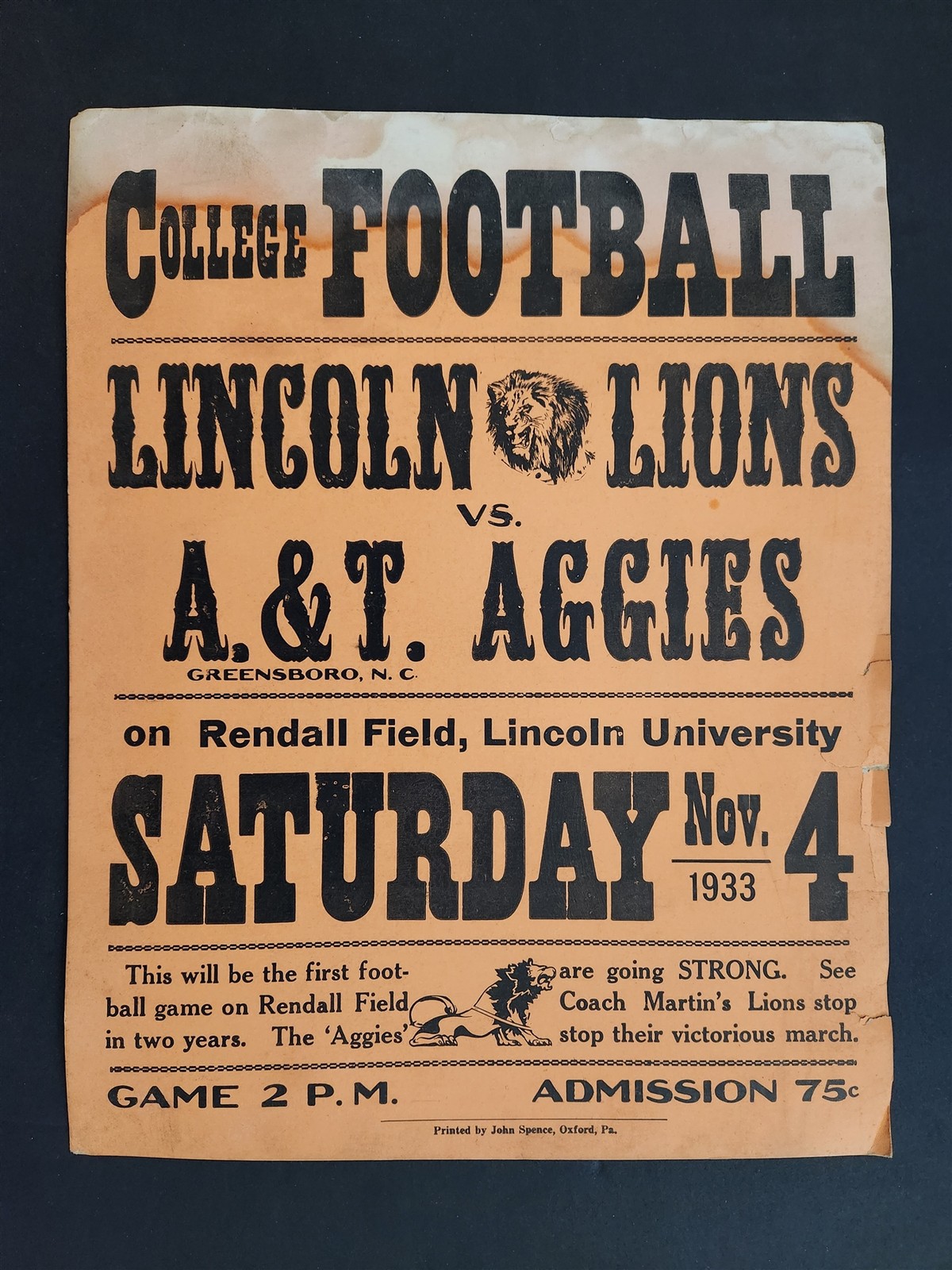 1933 antique LINCOLN UNIVERSITY FOOTBALL POSTER oxford pa African American 