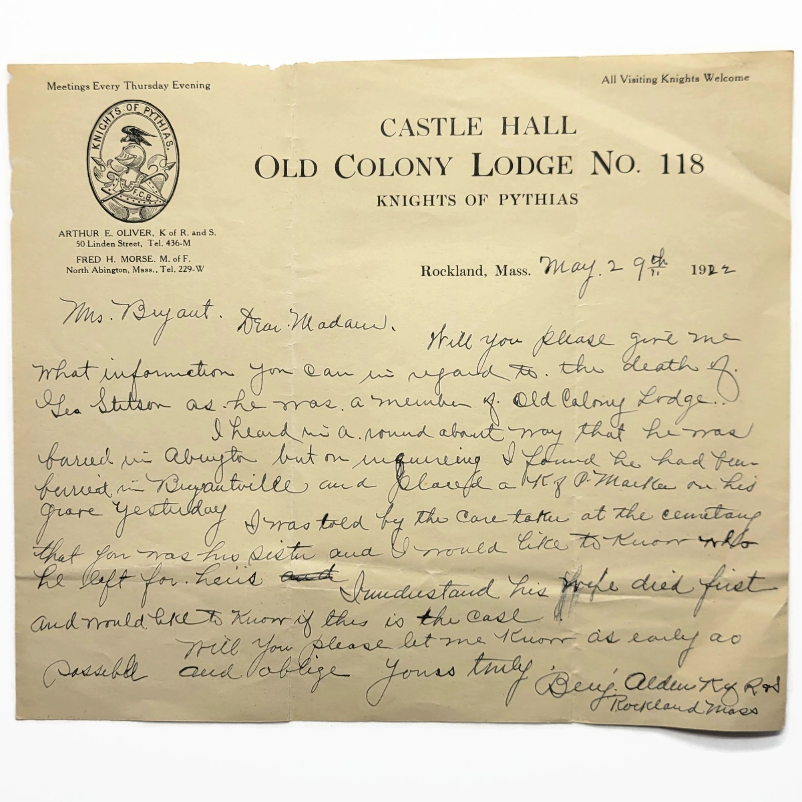 Vintage 1922 Knights of Pythias Old Colony Lodge Letter G.A.R. Civil War Veteran