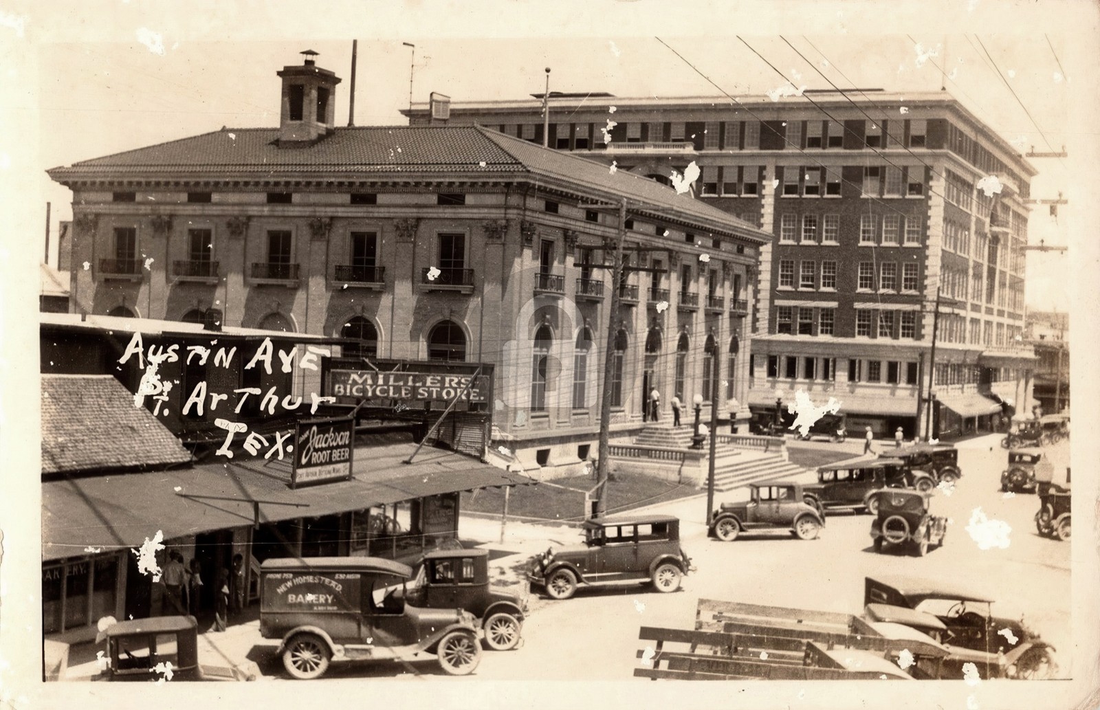 Austin Ave Port Arthur Texas w Root Beer & Bakery Signs RPPC Photo Postcard COPY