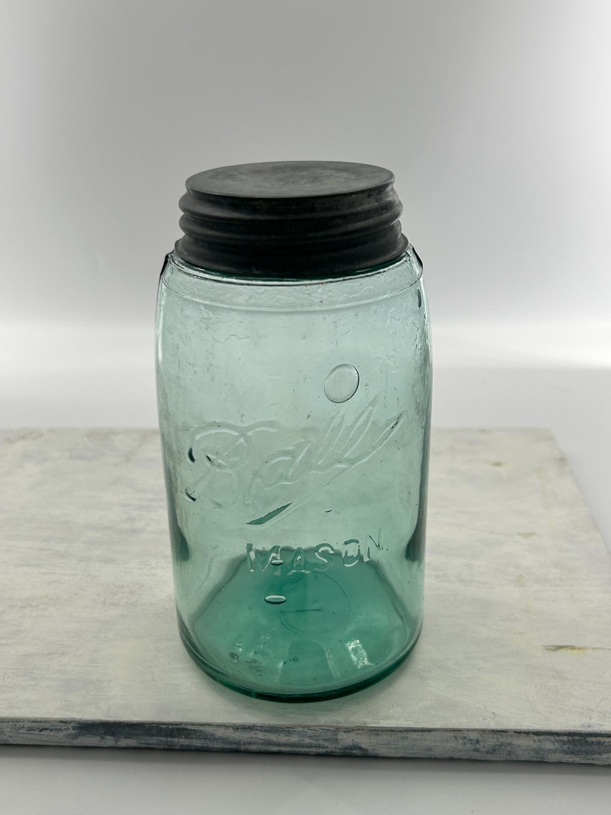 Antique Ball Triple-L MASON Quart Forest Green Fruit Jar Seed Bubbles Zinc Lid