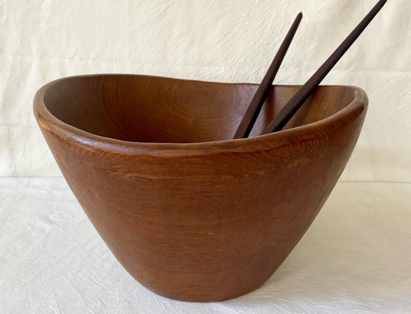 Large Hand Turned Teak Wood Bowl & Utensils Danish Modern 12x7 MCM Rustic