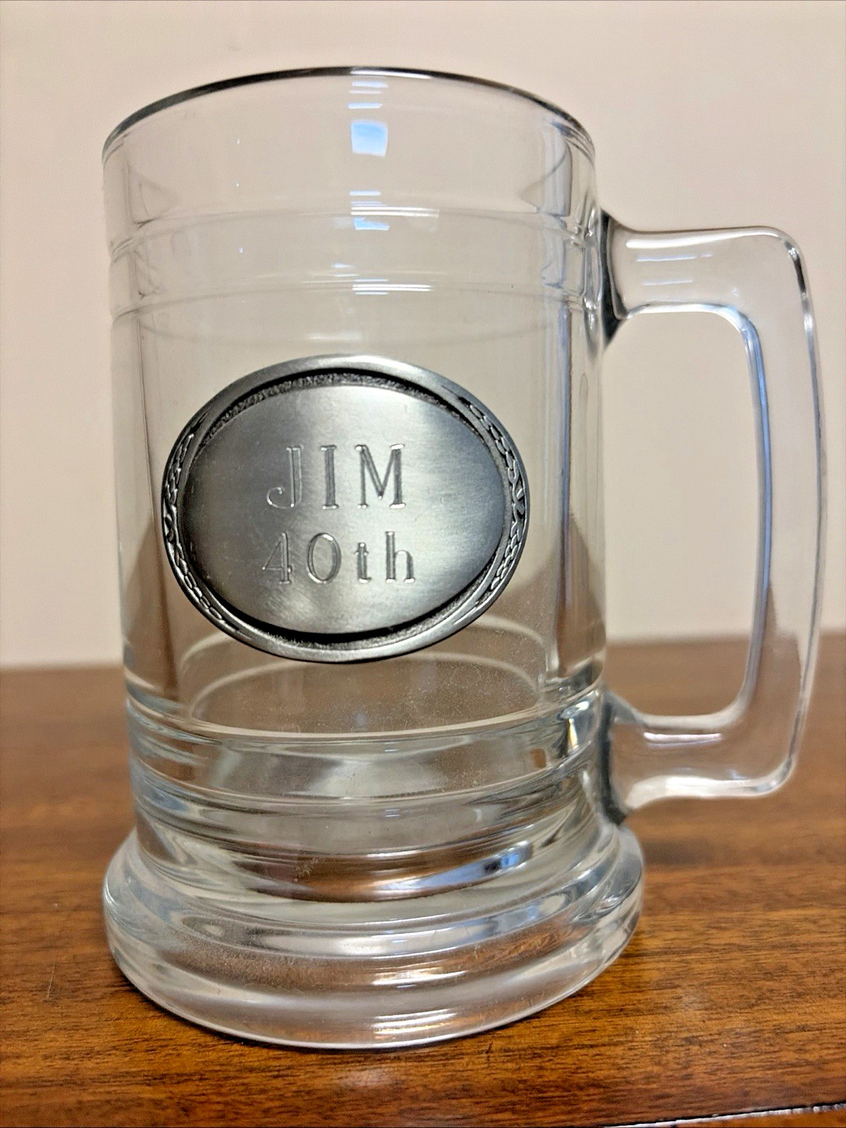 Vintage Heavy Clear Glass Beer Mug 16 oz Silver Small Plate Engraved “Jim 40”